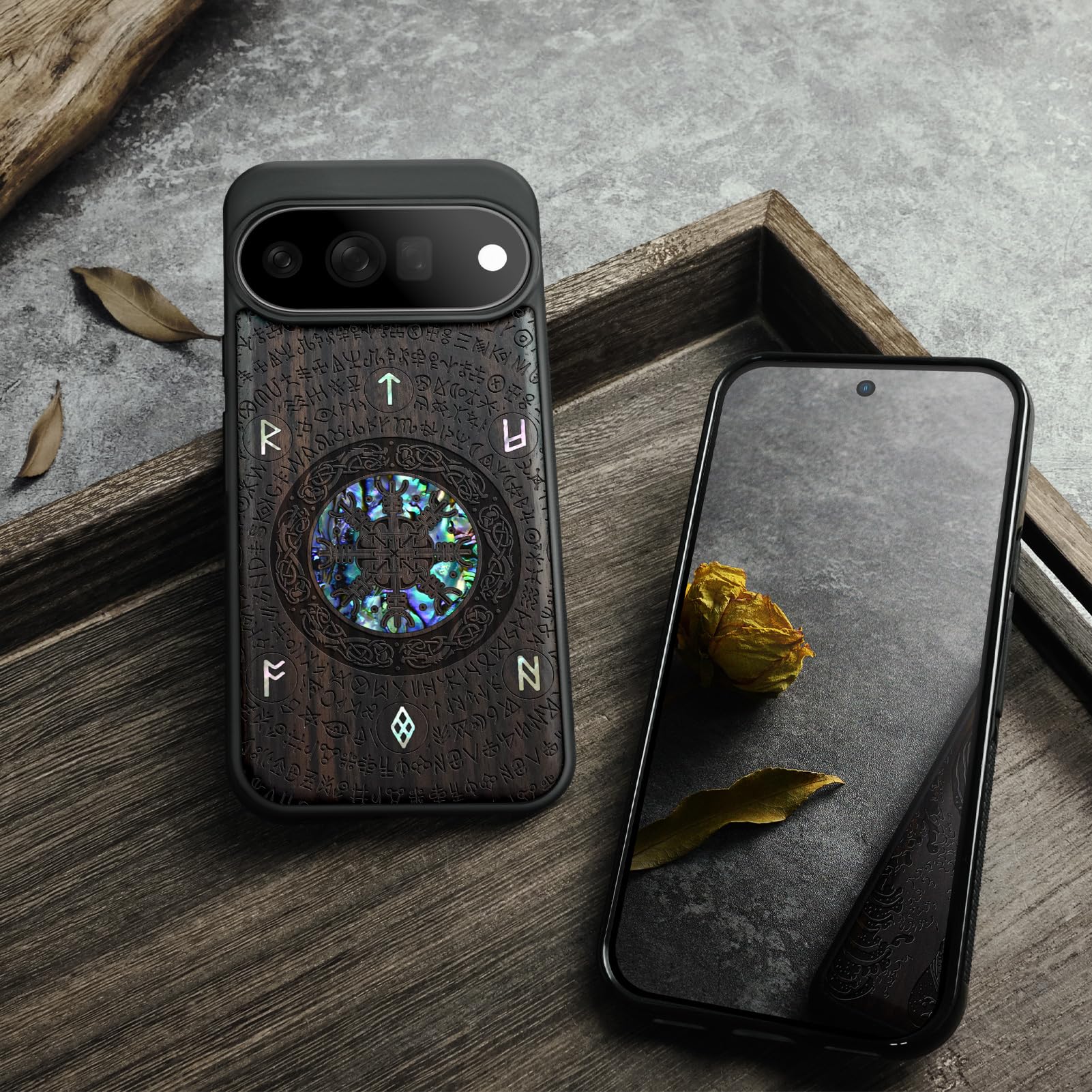 Carveit Madera Funda para Pixel 11 Pro XL (Oscura-Valor Vikingo) | Compatible con MagSafe [Grabado en madera e incrustación de mejillones] Magnética Cover para Google Pixel 11 Pro XL Carcasa