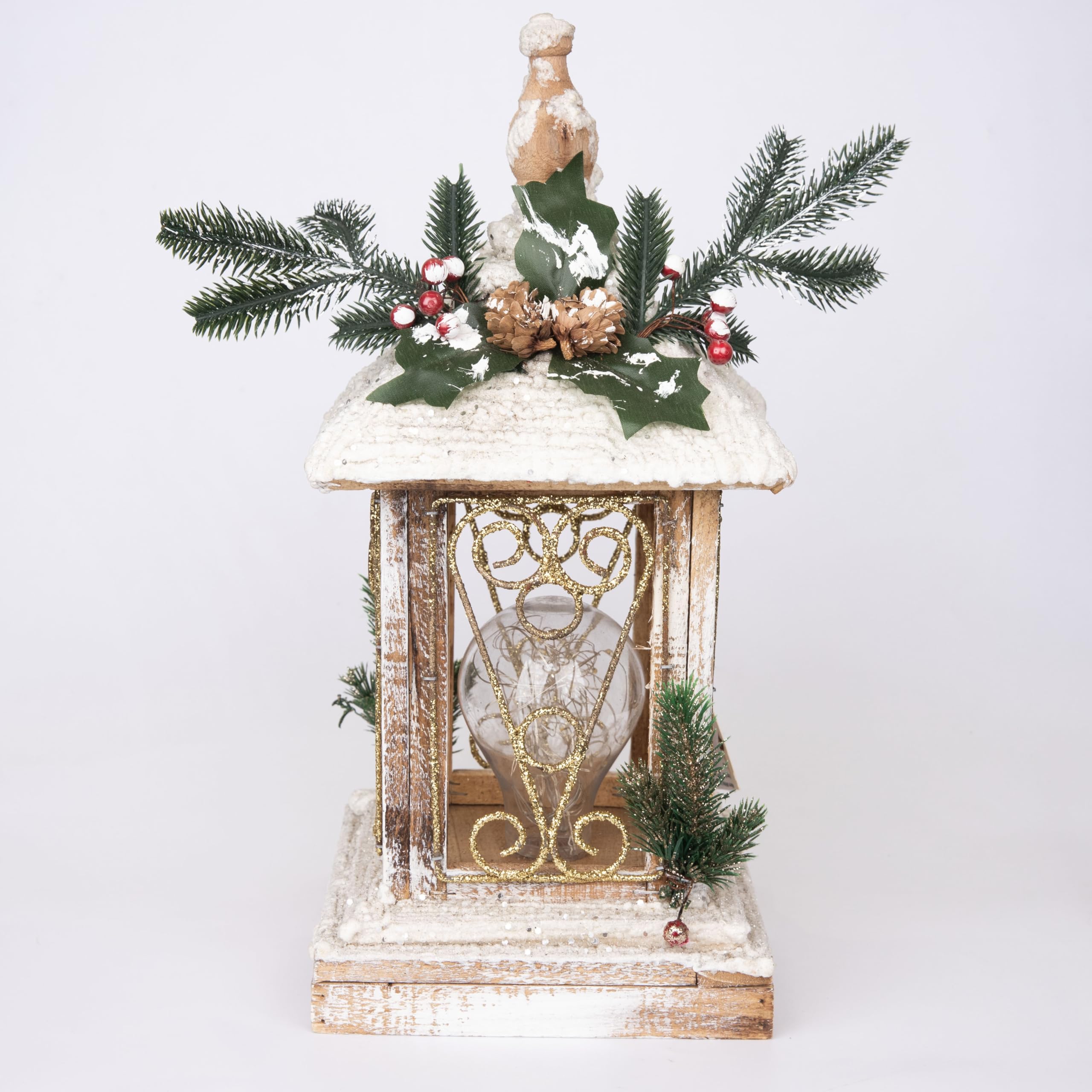 SHATCHI 32cm Battery Operated Wooden Lantern Lamp Warm White LEDs Glitter Snow Covered White Indoor Christmas Decorations