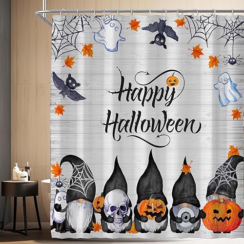 Miniatura 2 de Cortina de ducha de Halloween con diseño de gnomos divertidos y espeluznantes calabazas para baño, 72 pulgadas de ancho x 72 pulgadas de alto,
