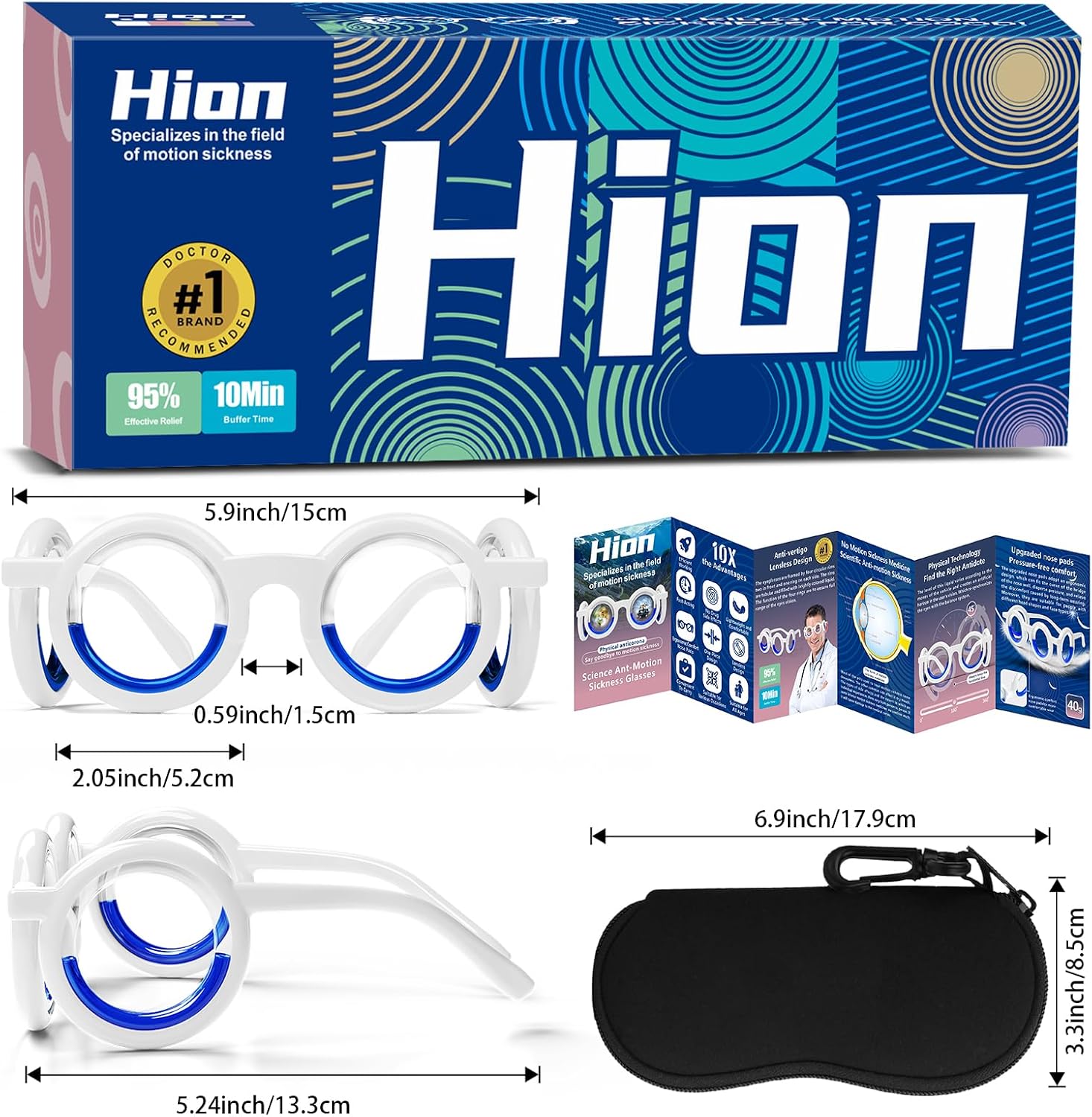 Hion Motion Sickness Glasses,Relieve Carsickness Airsickness Seasickness,Ultra-Light Portable Nausea Vertigo Glasses, No Lens Liquid Glasses for Adults or Kids(Deep Black Box)