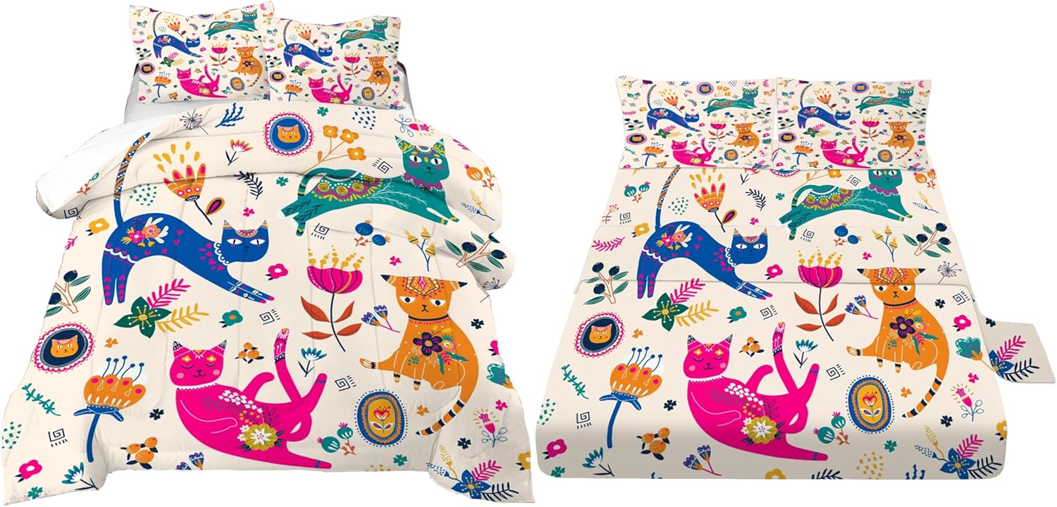 EDGZKO Kawaii Cats Bedding Set Queen Size Bed in a Bag Kids