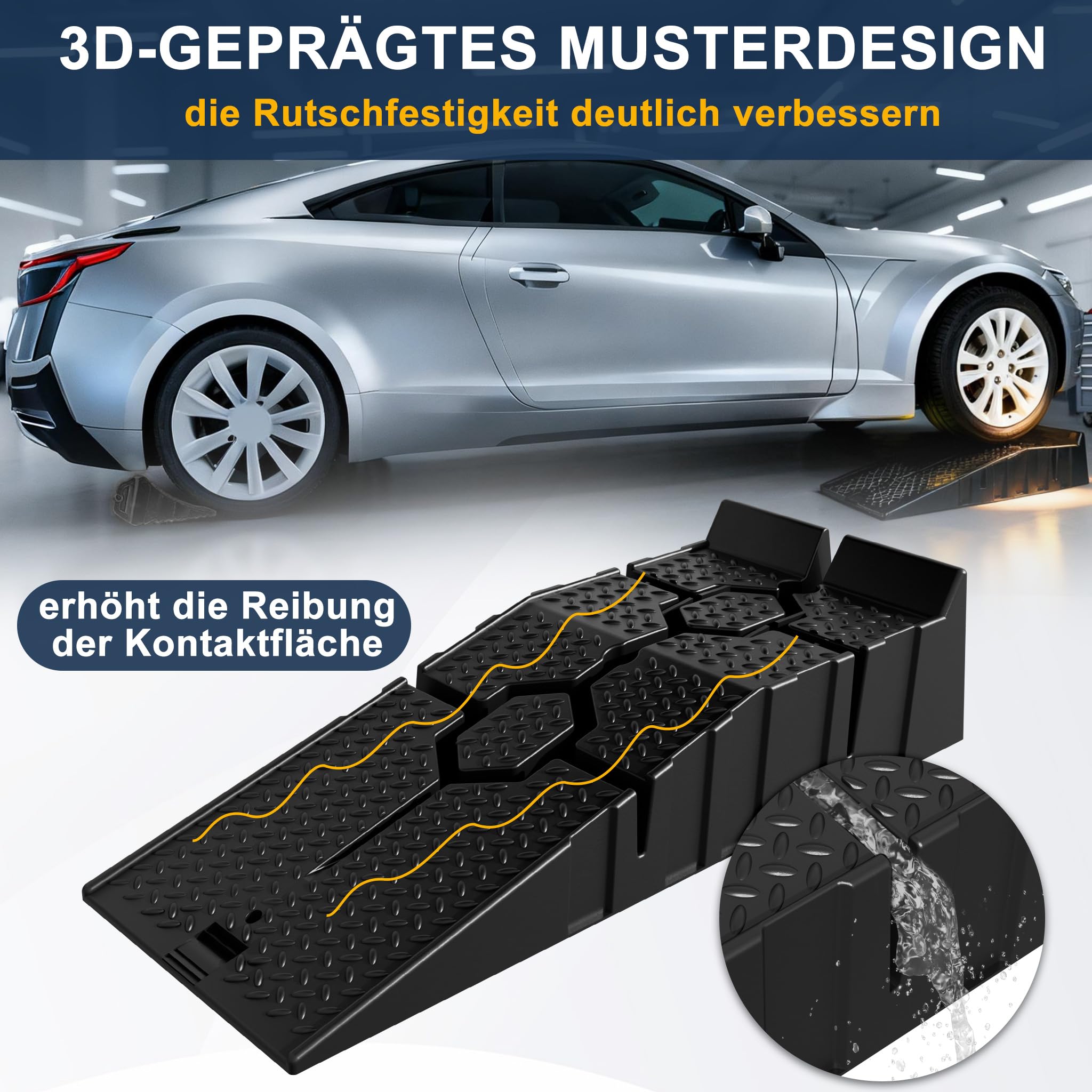 Aufun Auffahrrampe PKW 2er Set, Einzelne Rampe bis 2,5 T, Hochbelastbare Auto Rampe rutschfest für Wohnmobil, Anhänger, Garage, Werkstatt, Ölwechsel und Reparatur, Mit 2pcs Schwarz Unterlegkeil