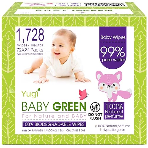 Yugi Green - Toallitas biodegradables para bebés, aceites esenciales naturales orgánicos, a base de plantas, compostables, 99% de agua pura,