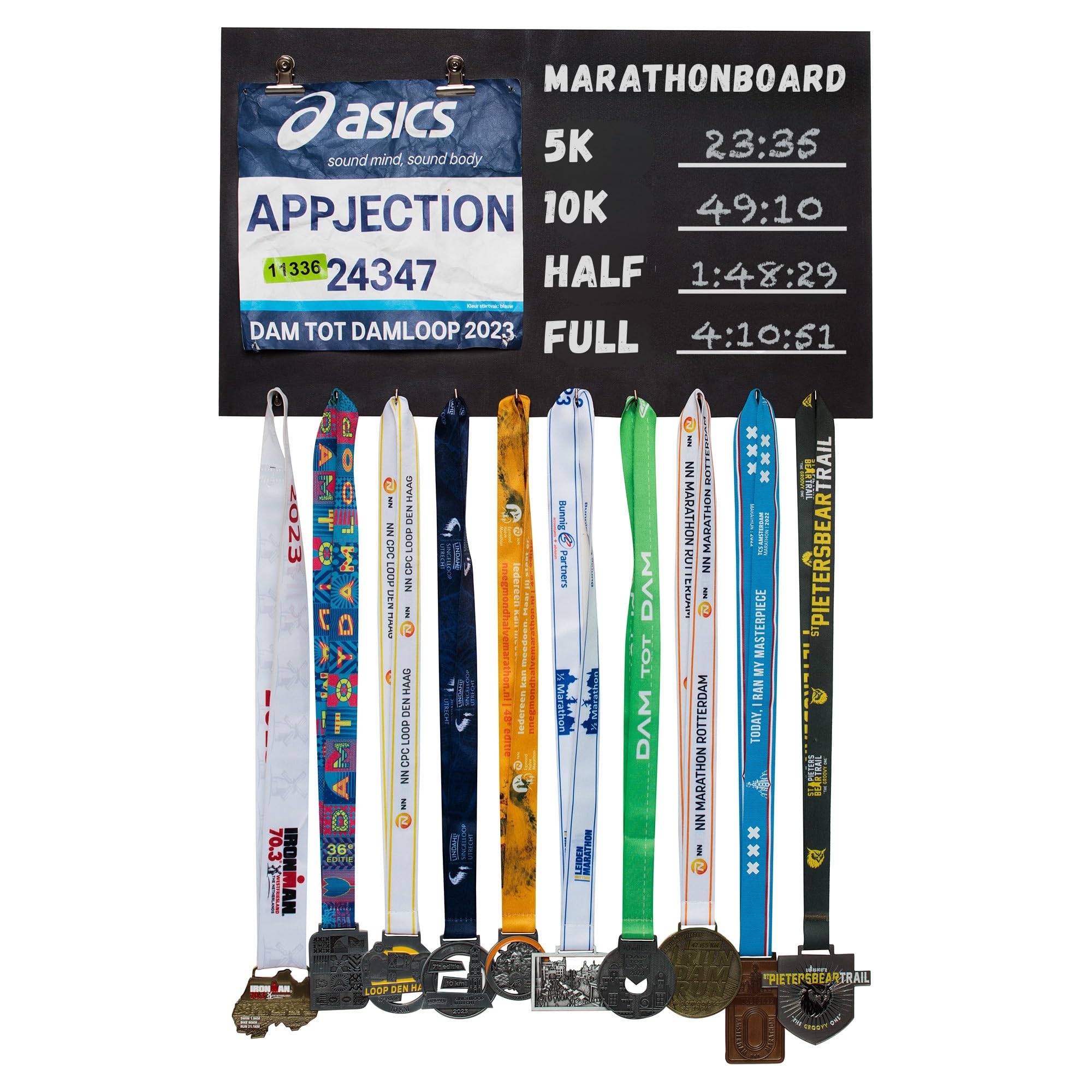 Présentoir pour médailles de Coureur, Porte-Médailles pour Coureurs – Support pour Médailles de Course à Pied et Marathon – Kit de Montage et Craie Inclus