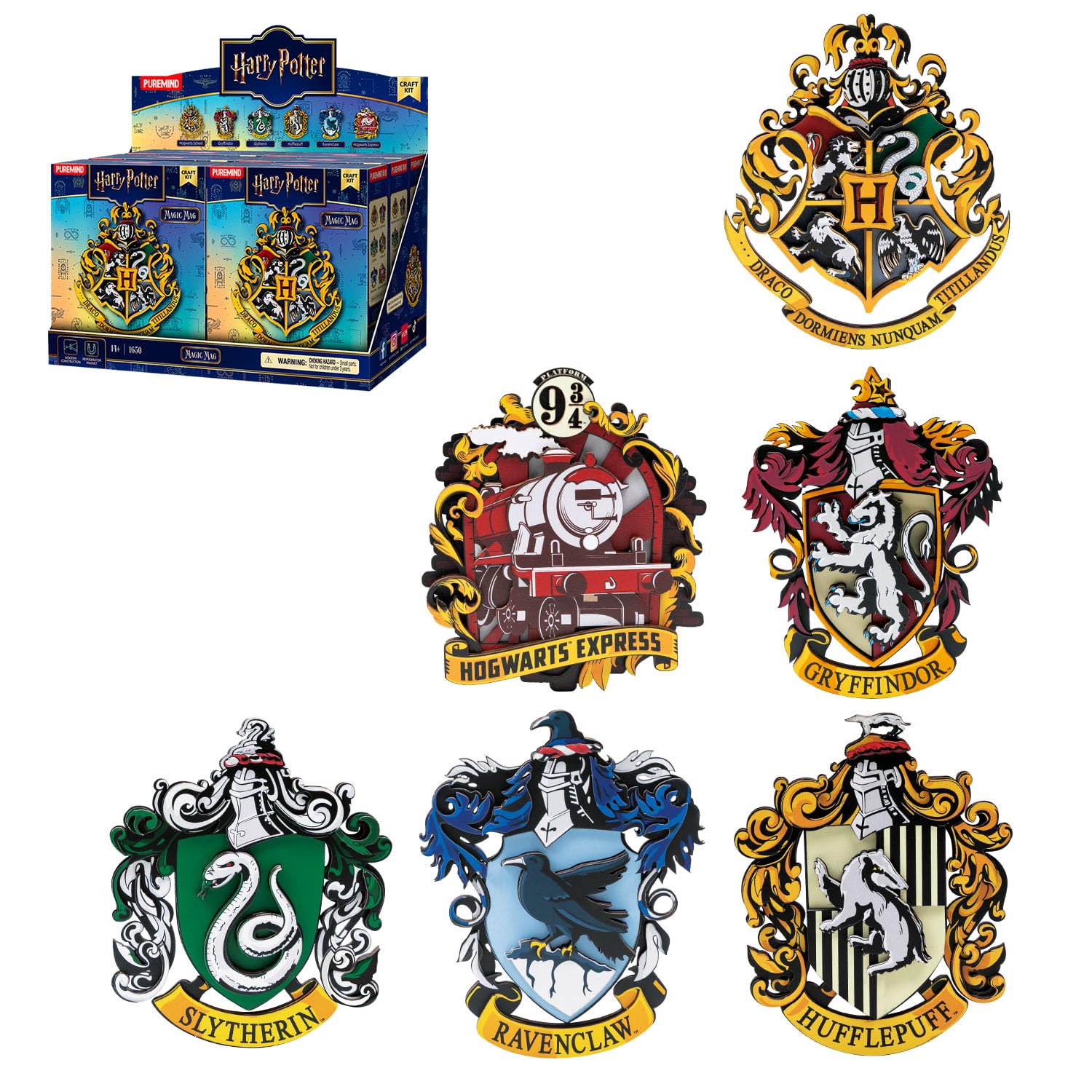 PUREMIND Harry Potter 6 Aimants pour Frigo, Puzzle 3D Bois Blasons Poudlard