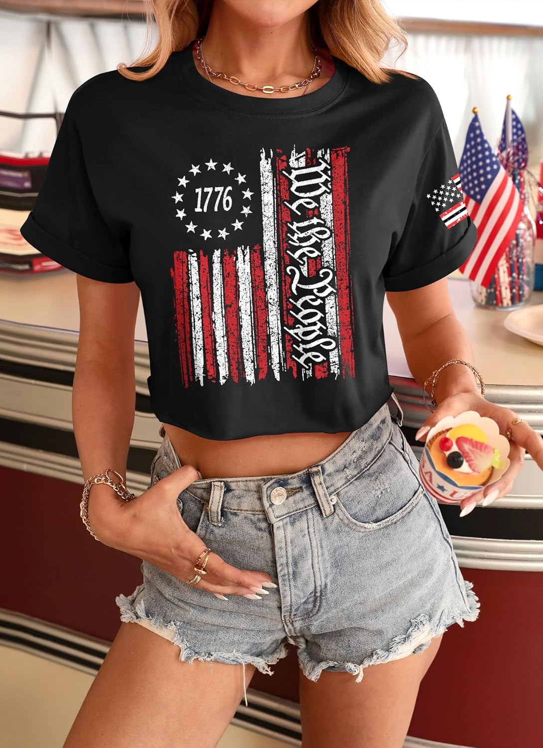 Women's 4th of July Casual Crewneck T-Shirts Memorial We The Peple Graphic Crop Tops 1776 Patriotic Black XL - Image 5