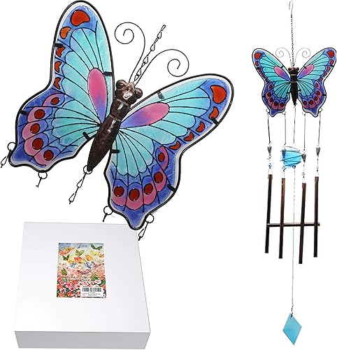 Campanillas de viento grandes de mariposa para decoración de porche, balcón, solárium, patio. Campanillas de mariposa de vidrieras para campanillas