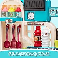 Vista 4 de Juego de cocina para niños, 53 piezas, estufa de cocina, fregadero de juego, horno, juguetes de cocina con luces y sonidos realistas, juguetes