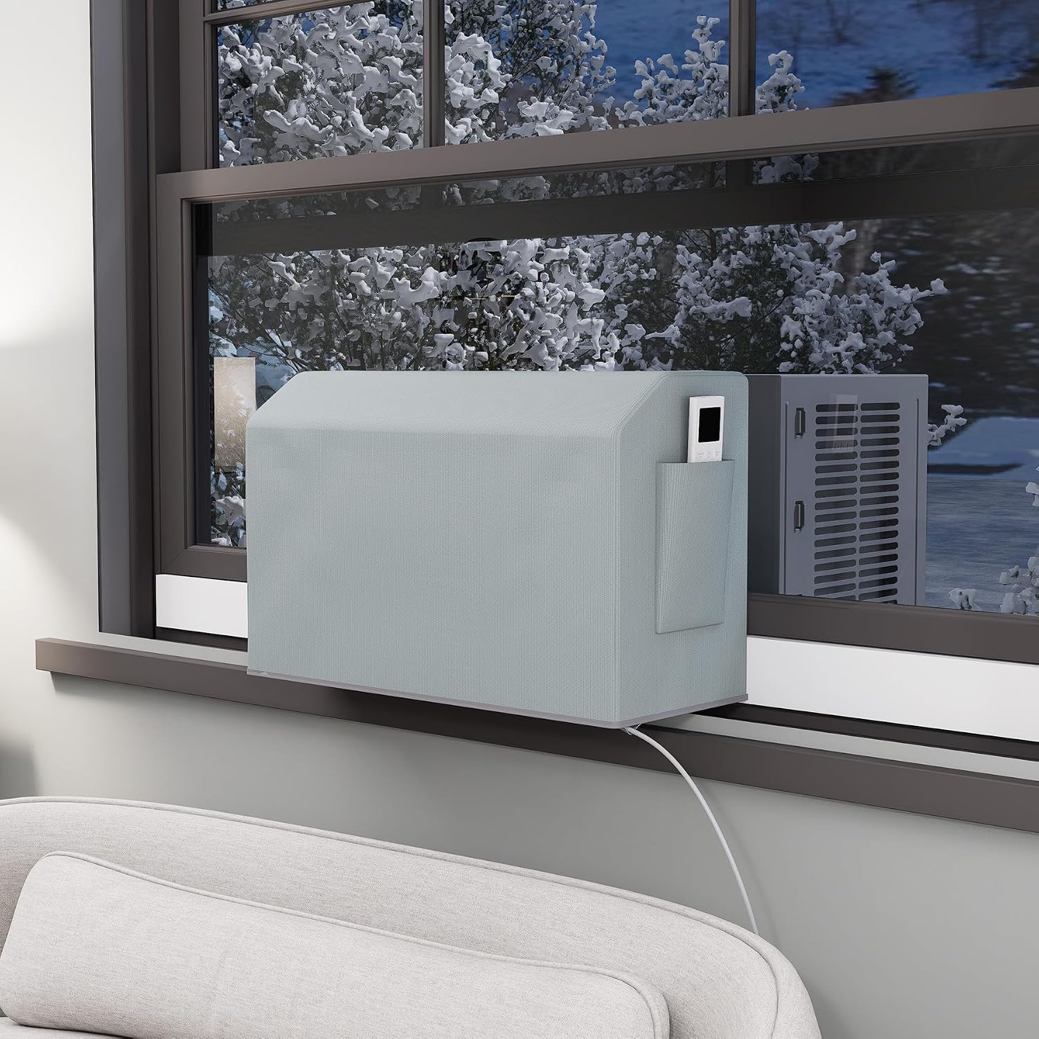 Indoor Air Conditioner Cover for U-Shape Window AC Units,Full Covered With Side Bag for Remote and Cable Storage,Air Conditioner Cover U AC Indoor Unit,Block Dust and Cold Draft,Grey