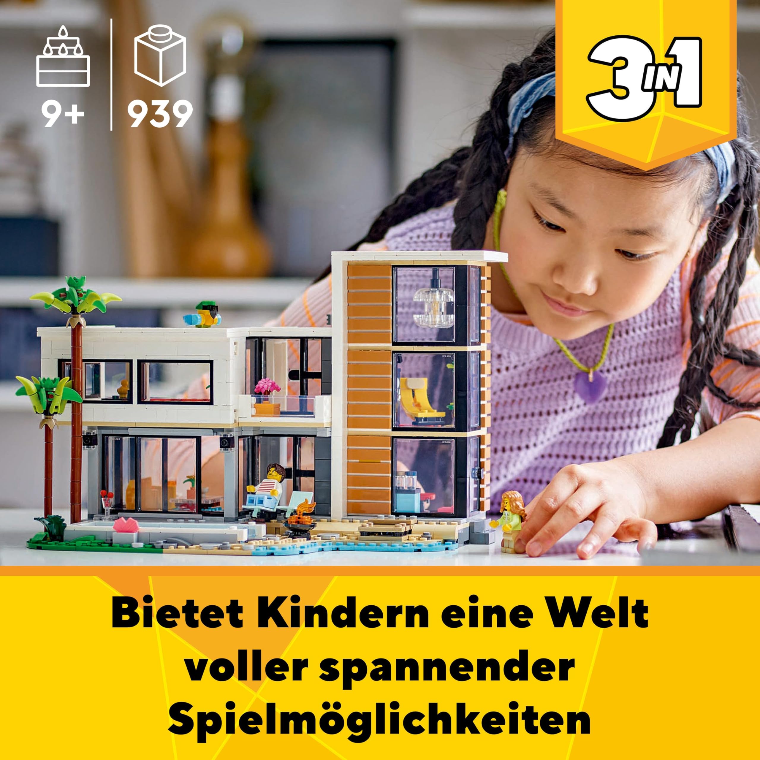 LEGO Creator Modernes Haus, 3-in-1-Set zum Umbauen in EIN Stadthaus oder eine Waldhütte, Modellhaus, Geschenkidee für Jungen und Mädchen ab 9 Jahren, Lernspielzeug 31153
