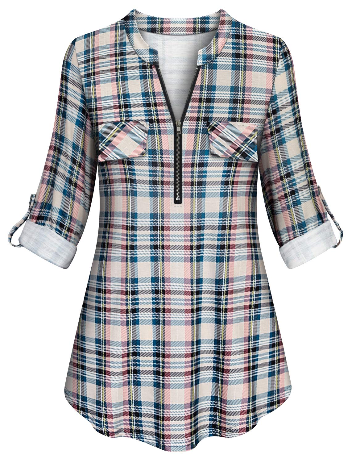 Tanst Sky Womens Casual Long Sleeve Zipped V Neck Plaid Tunic Blouses