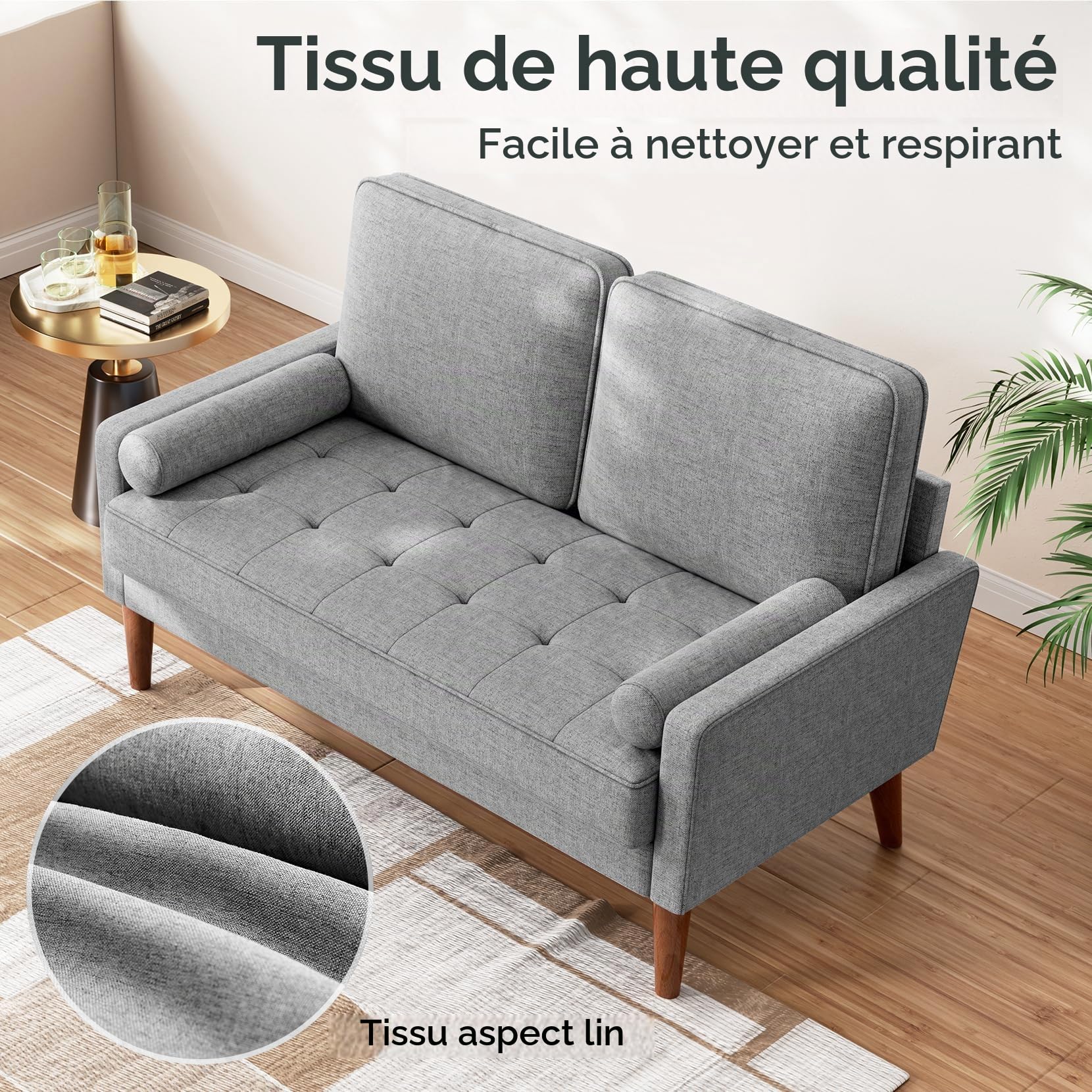 Vesgantti Canapé 2 places moderne, gris clair, avec 2 coussins de jeter, petit canapé en tissu, accoudoirs, boutons, coussin d'assise, canapé d'invités, pour salon, appartement, bureau, 121 x 77 x 87