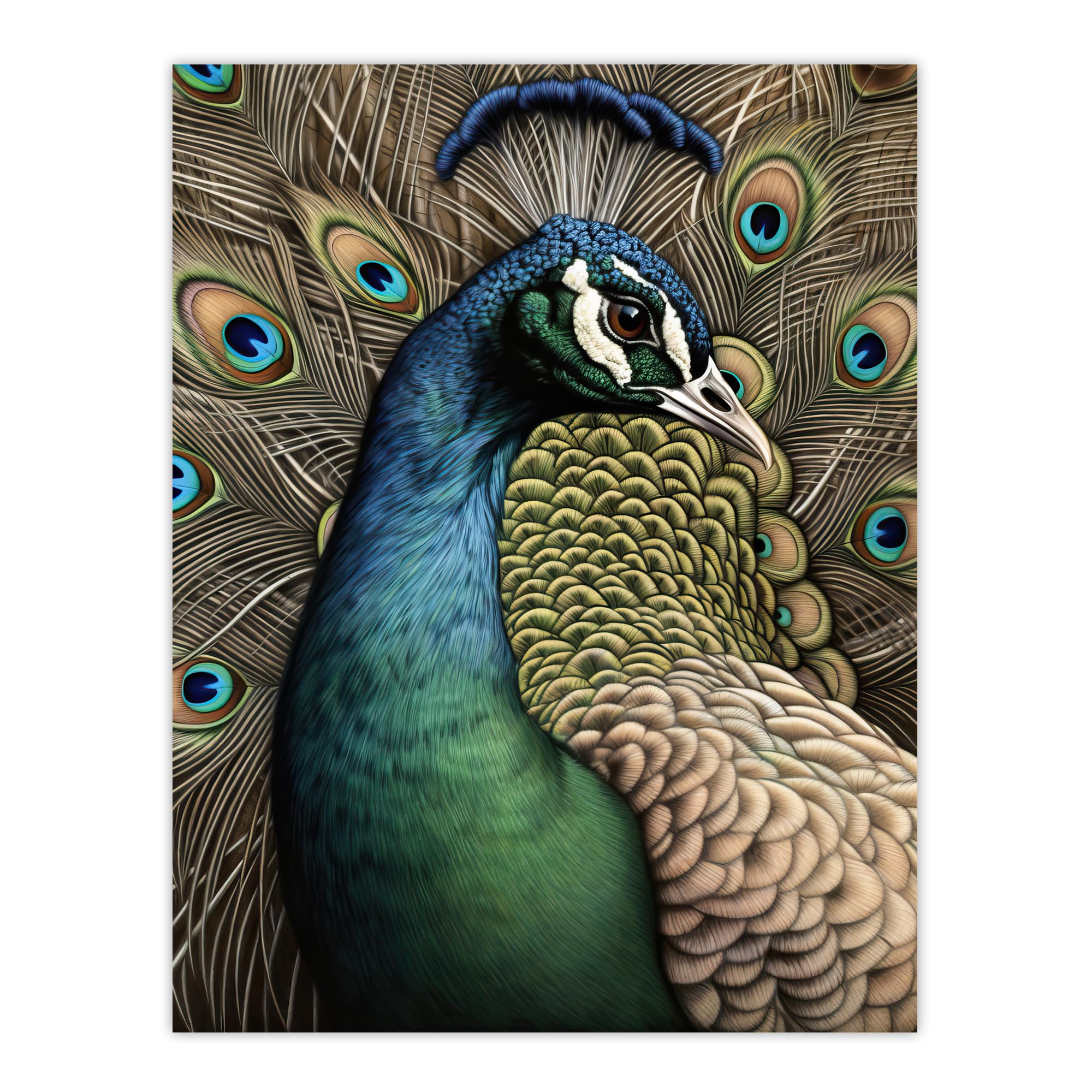 Artery8 Curious Peacock Detailed Pen And Ink Study Turquoise Modern Large Wall Art Poster Print Thick Paper 18X24 Inch