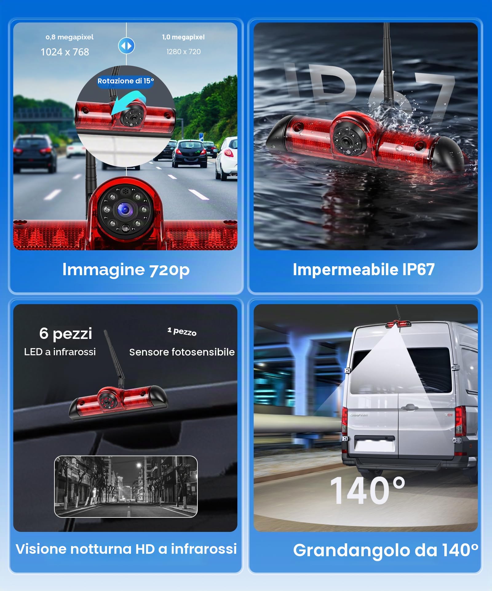 Hodozzy 720P Telecamera Posteriore Wireless per FIAT Ducato 3/Peugeot Boxer/Citroen Jumper con Monitor IPS da 7'', Telecamera per Terza Luce di Stop, Visione Notturna a IR, Impermeabile IP67, BSD,DVR