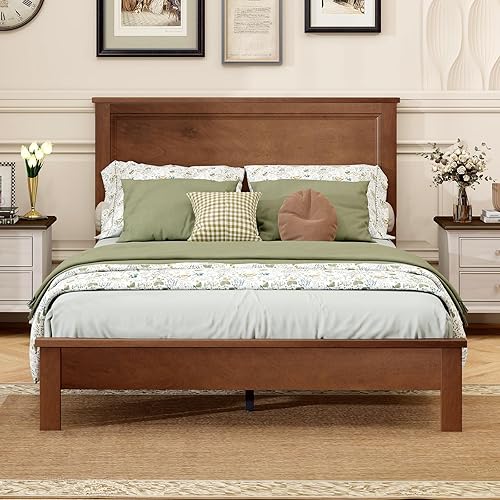 GOFLAME Full Size Wood Bed Frame, Mid-Century Modern Platform Bed with Headboard, Solid Wood Legs, Mattress Foundation with 12 Wooden Slats, No Box Spring Needed, Walnut