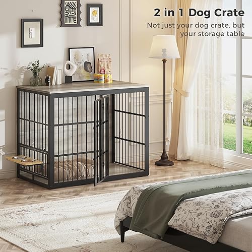 Miniatura 5 de Lyromix Mueble de jaula para perros XXL de 48 pulgadas con alimentador giratorio, mesa auxiliar de jaula de madera grande, jaula de perrera interior