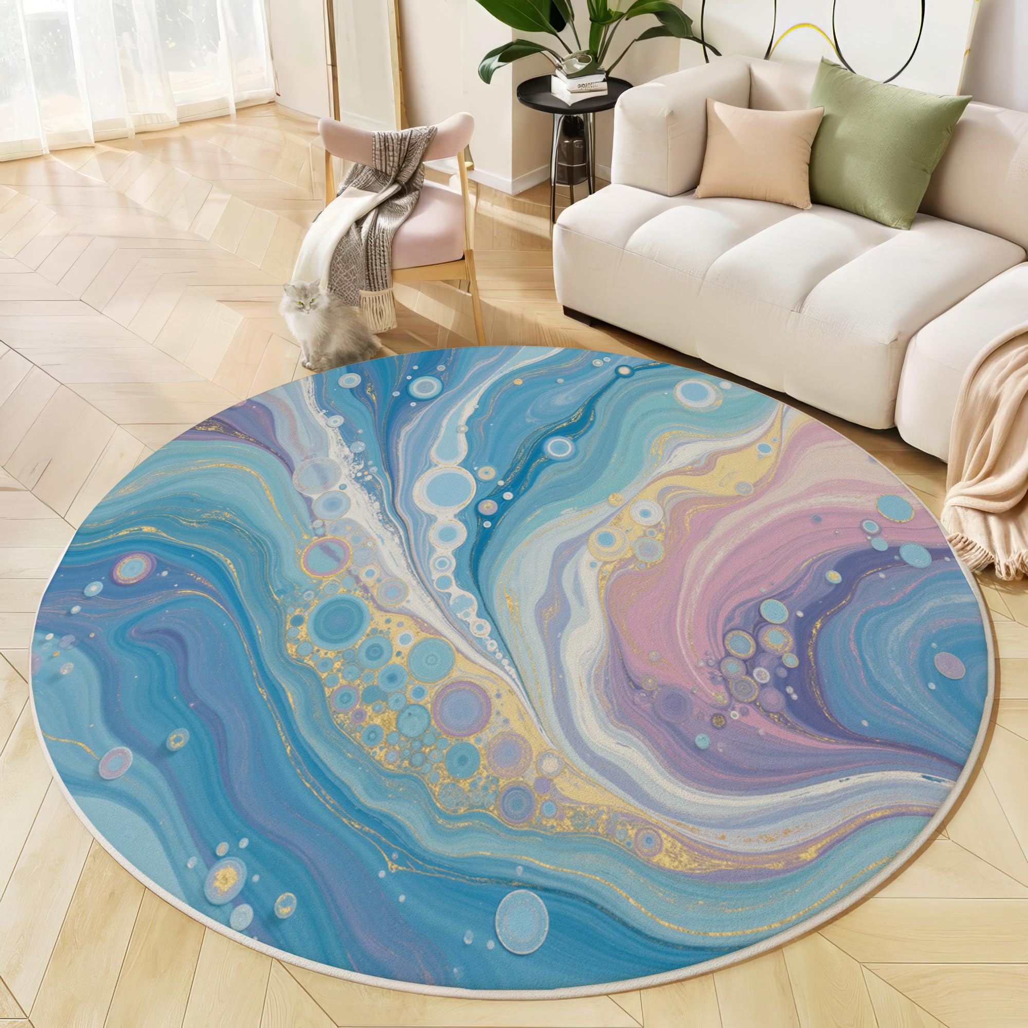Tapis rond motif ondulé 120cm lavable en machine bleu clair salon