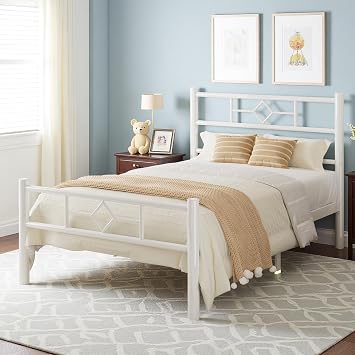 GalnFu Single Bed Frame, Metal Bed Frame Single Beds with Headboard and Footboard, Heavy Duty Metal Slat Support, Underbed Storage Space, Easy Assembly, Noise Free, White