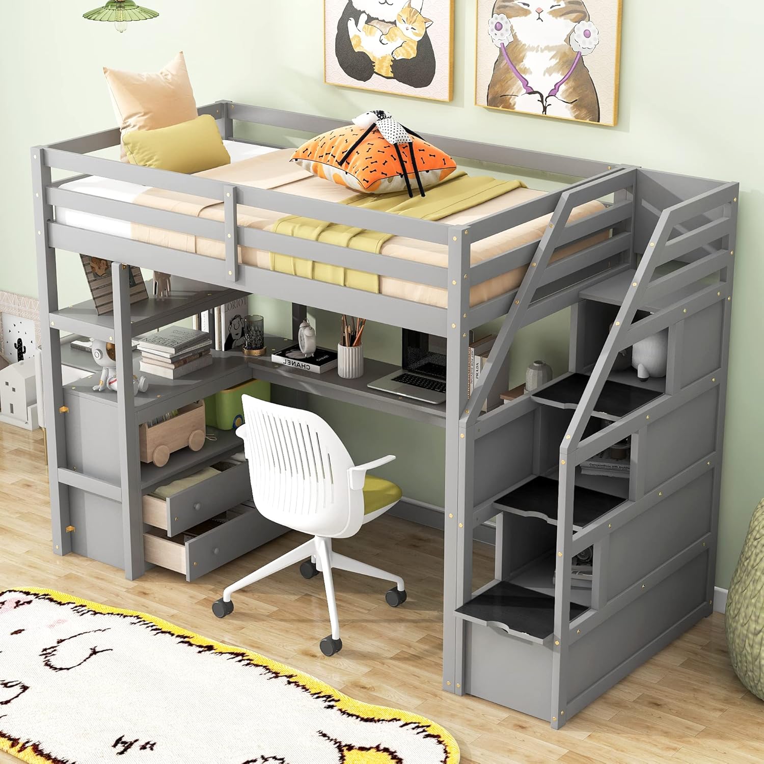 Twin Size Loft Bed with Desk and Storage Staircase, Solid Wood Twin Loft Bed Frame with Storage Shelves and 2 Built-in Drawers, Twin Storage Bed with Step for Kids Boys Girls Teens, Gray