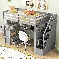 Vista 16 de Cama tipo loft de tamaño matrimonial con escritorio en forma de U, 1 armario y 2 cajones, 4 estantes de almacenamiento, marco de cama de madera