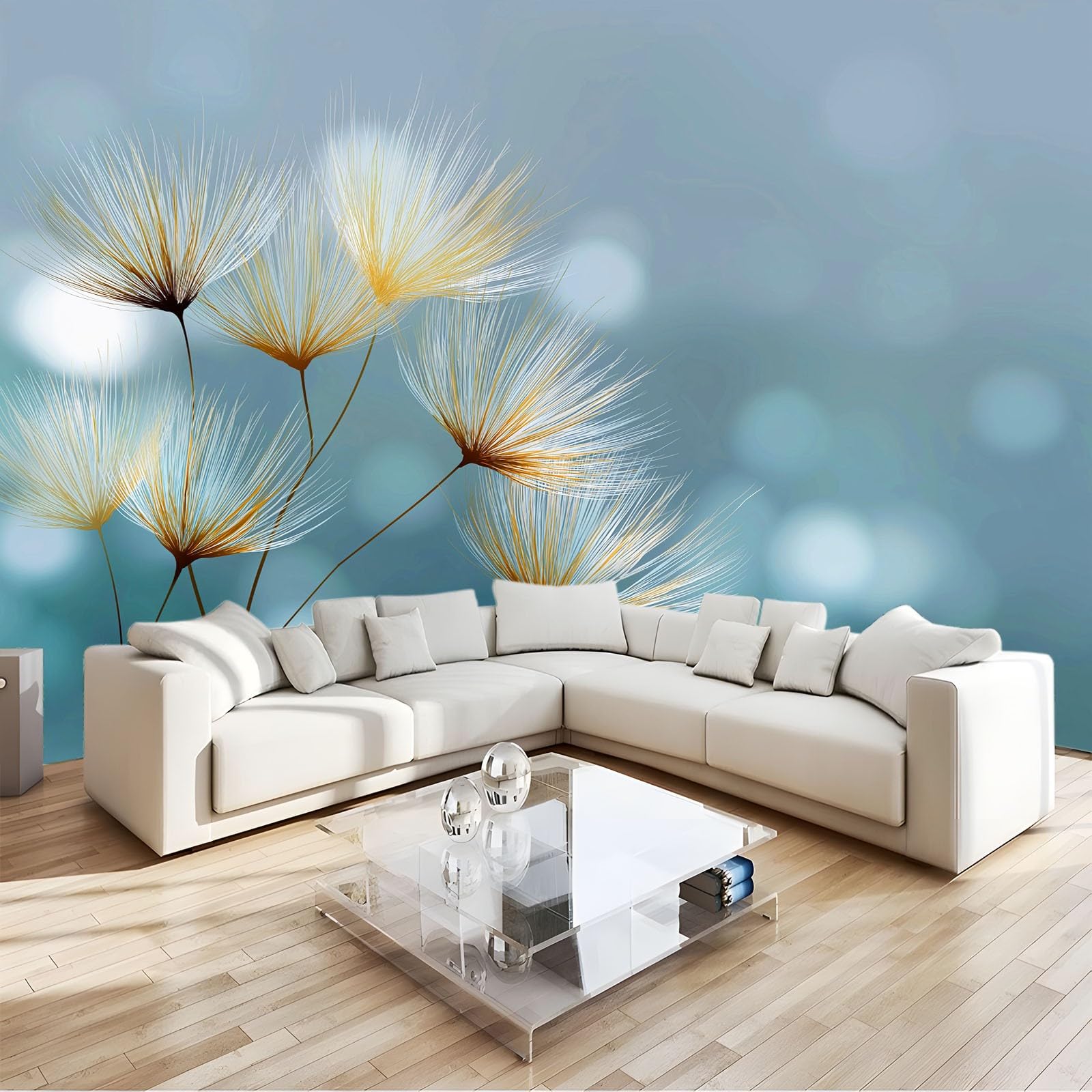 Generisch Tapeta panoramiczna 3D 350 x 256 cm (szer. x wys.), do salonu, sypialni, niebiesko-szara, odporna na promieniowanie UV tapeta z włókniny na ścianę – abstrakcyjne, ciepłe rośliny, mniszek