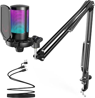 FIFINE AmpliGame A6T USB Gaming Microphone with Boom Arm, RGB, Pop Filter, Mute for PC, PS4/5 Streaming, Twitch, Podcasting