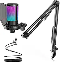FIFINE Gaming PC Microfone USB, Microfone Condensador para Podcast com Braço,Filtro Pop,Botão Mudo para Streaming,Twitch,Chat Online,Mic RGB para Computador para PS4/5 y Jogadores e Youtuber-A6T