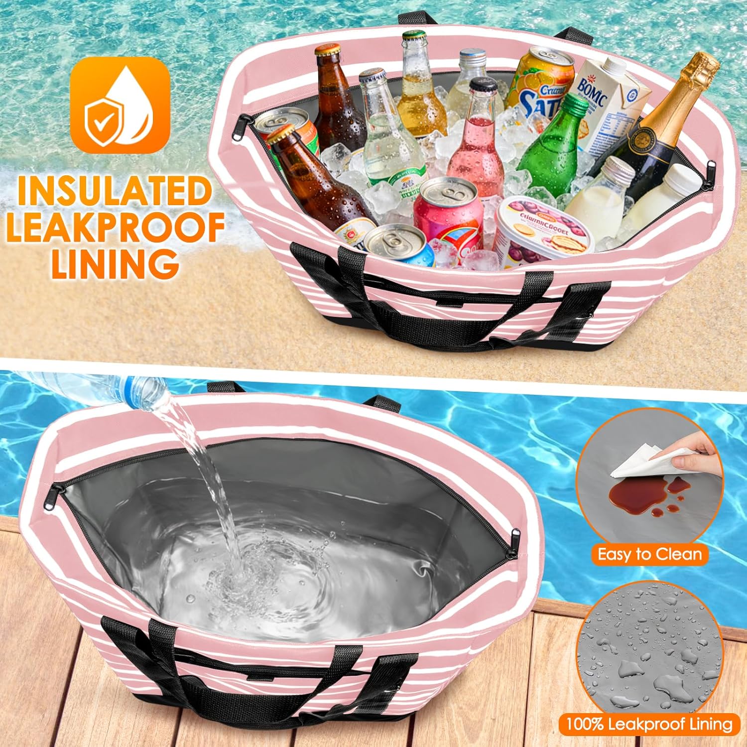 Cooler Bag Insulated, Soft Side Cooler, Reusable Grocery Bags with Zipper Closure, Thermal Leakproof Large Insulated Tote Bag for Hot/Cold Food for Grocery, Beach, Travel, Picnic