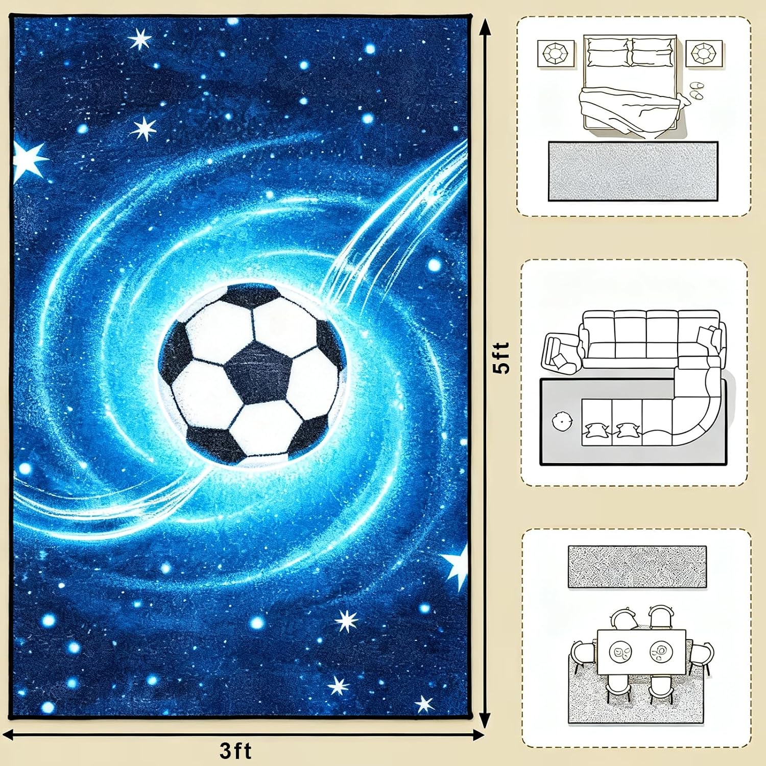 Soccer Rugs Sports Carpet 3'x5' Football Themed Play Mat for Bedroom Living Room Playroom Soccer Room Decor