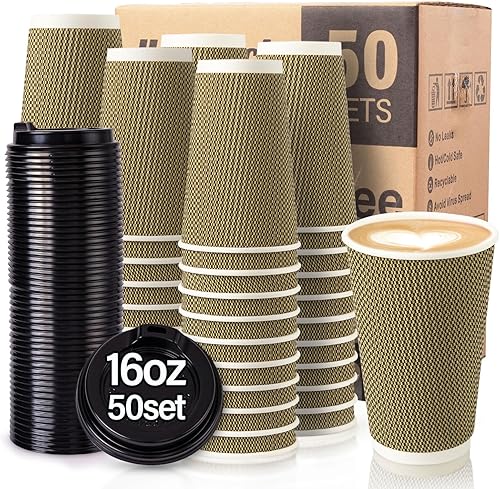 Tazas de café desechables con tapas, paquete de 50, tazas de café de papel de pared onduladas aisladas de 16 onzas, tazas de café helado para
