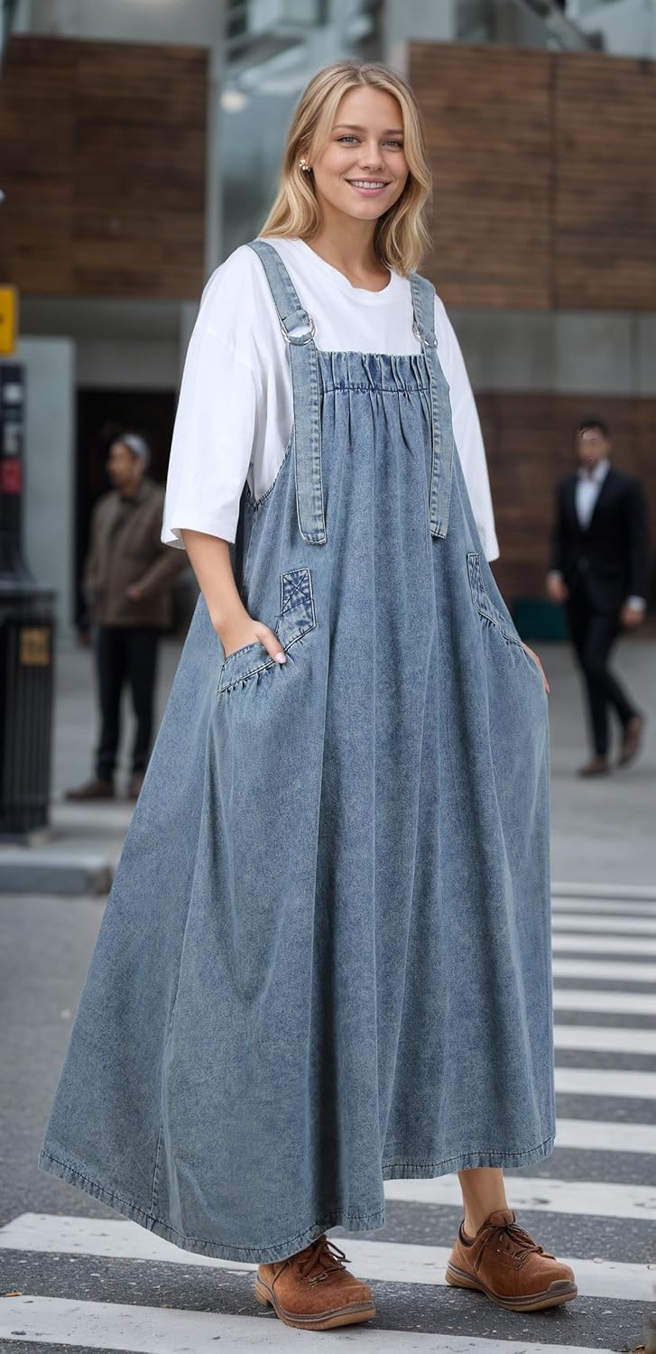 UQJE Baggy Denim Overall Dress for Women Loose Jumper Dress Relaxed Fit with Big Pockets for Casual - Image 3