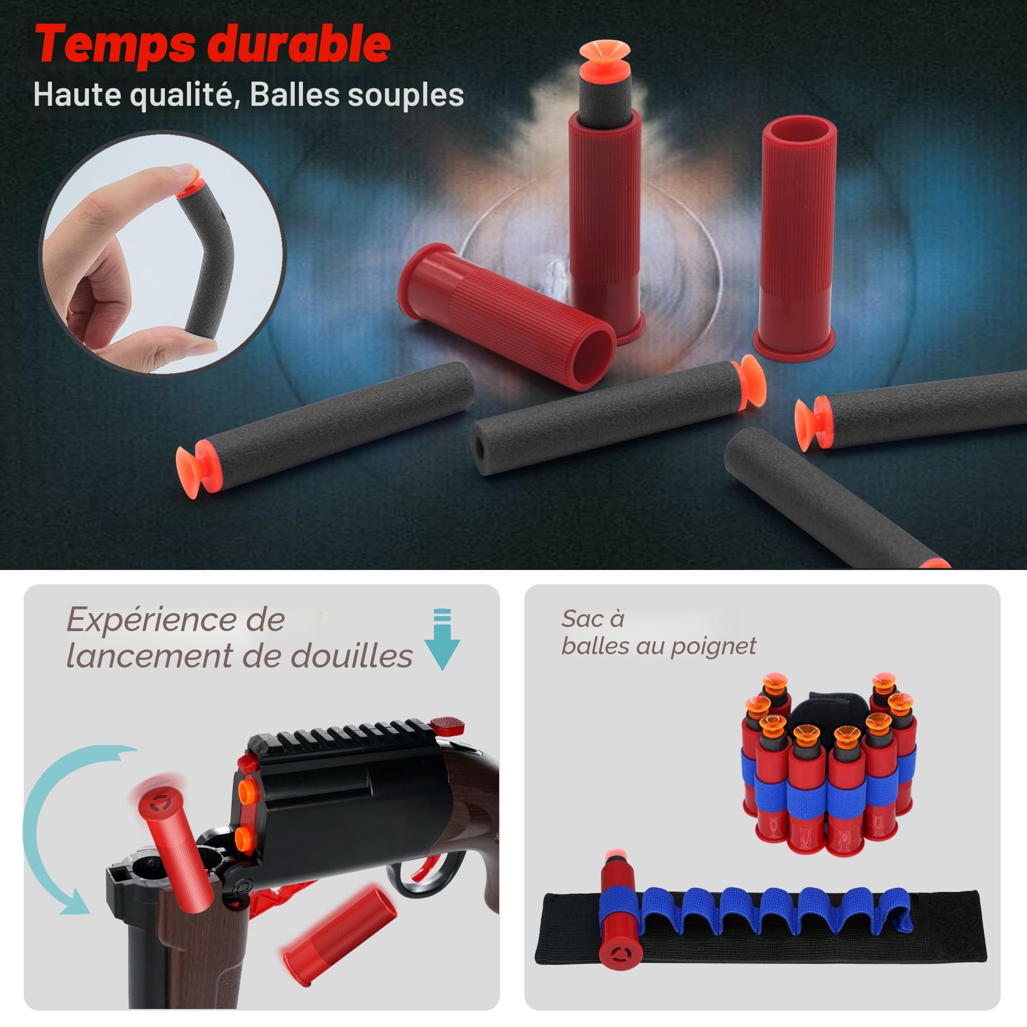 Jouet Fusil de Chasse à Double Canon, Blaster en Mousse EVA et 80 Balles Souples et 12 Cartouches éjectables, Cadeau d'anniversaire de Noël de Jouet de Fléchettes pour Garçon de Plus de 8+ Ans（Brun）