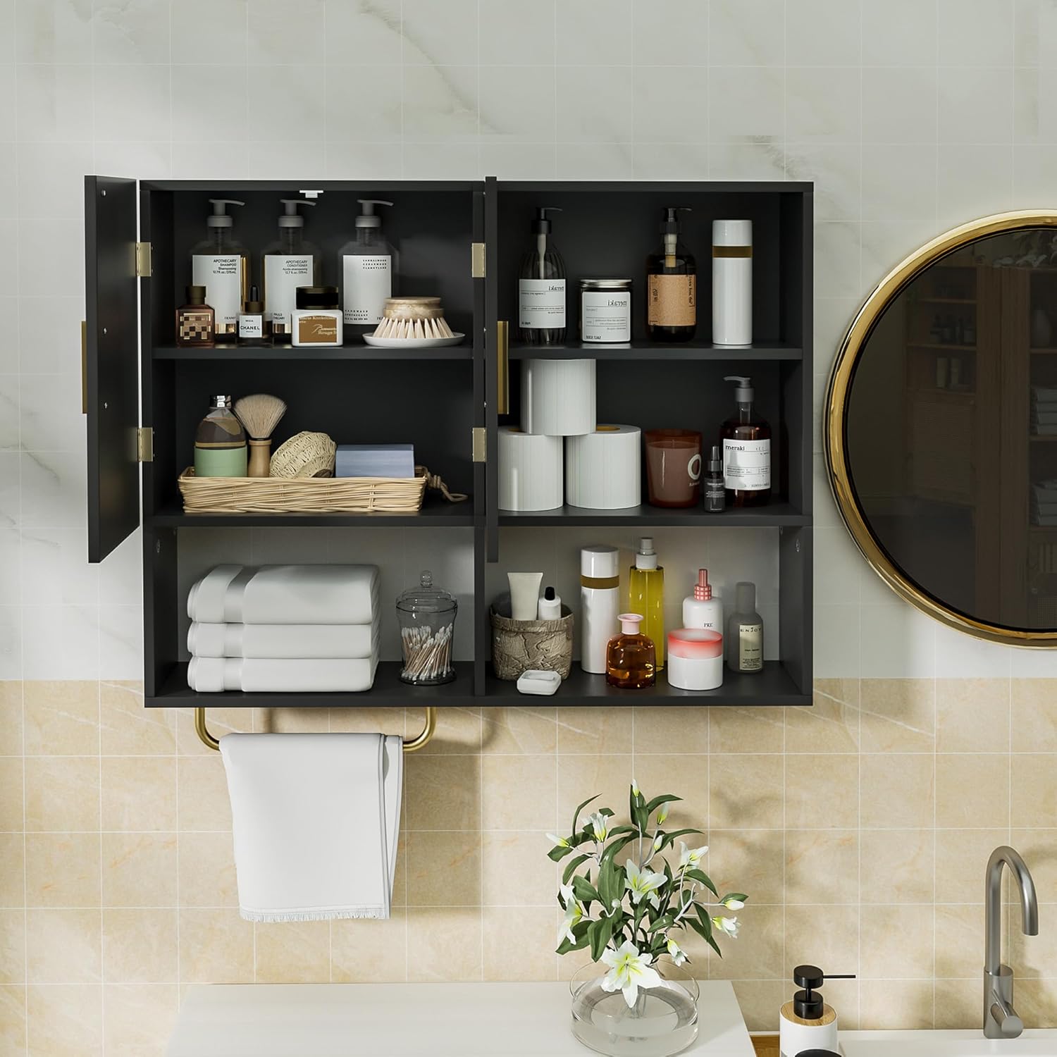 Bathroom Wall Cabinet Wood Large Wall Mounted Medicine Cabinet with 2 Doors and 4 Open Shelves Over Toilet Storage Cabinet Organizer with Towel Bar, Black