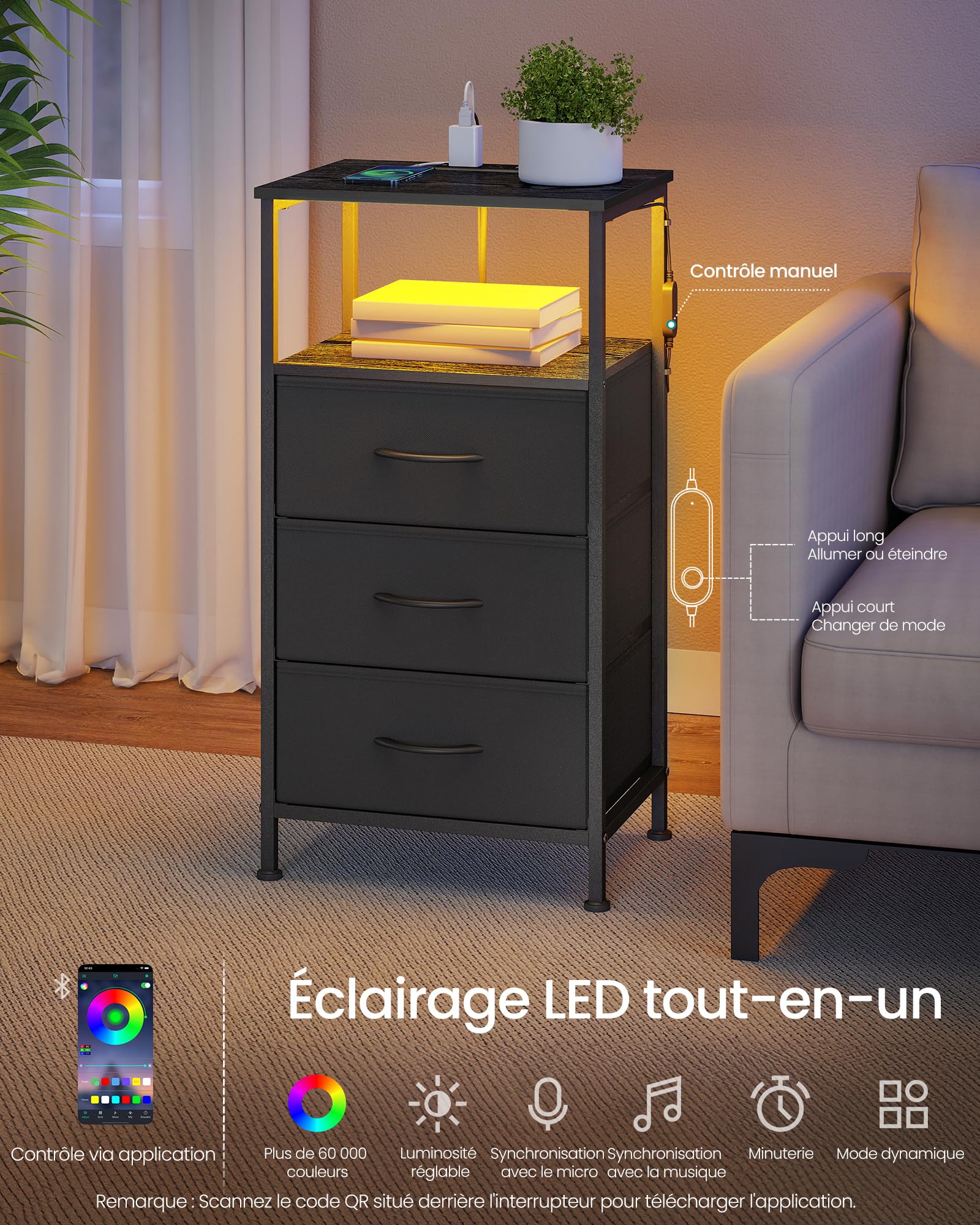 SONGMICS Table de Chevet avec Multiprise, Table d'Appoint avec Éclairage LED Réglable, Style Moderne, 1 Étagère Ouverte et 3 Tiroirs, Noir d'encre et Noir boisé, BELLAH Collection LGS303BH02