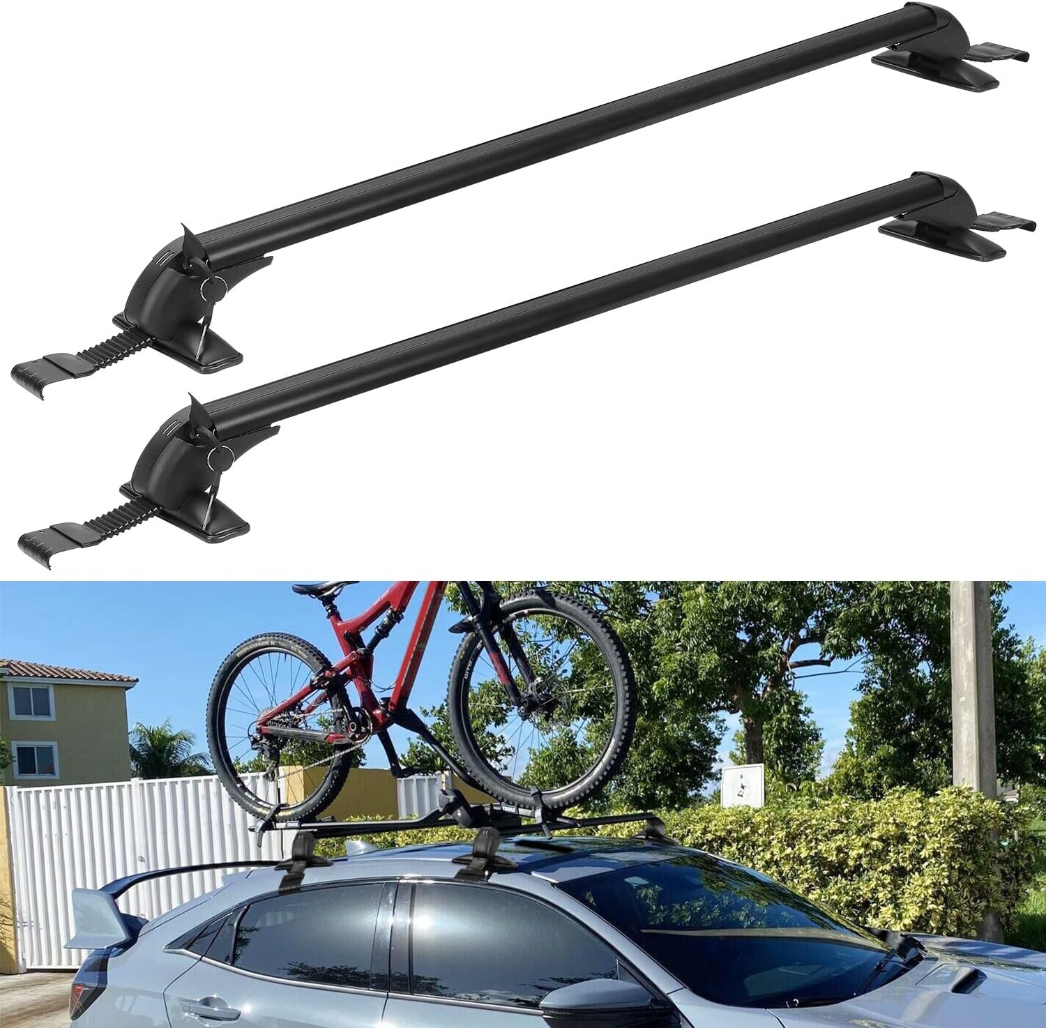 MocleverCar Roof Rack Cross Bar with Anti-Theft Lock Adjustable Window Frame for Bike Kayak Cargo Luggage, Distance Between The Rain Gutters is 42.91in to 44.88in(2PCS)