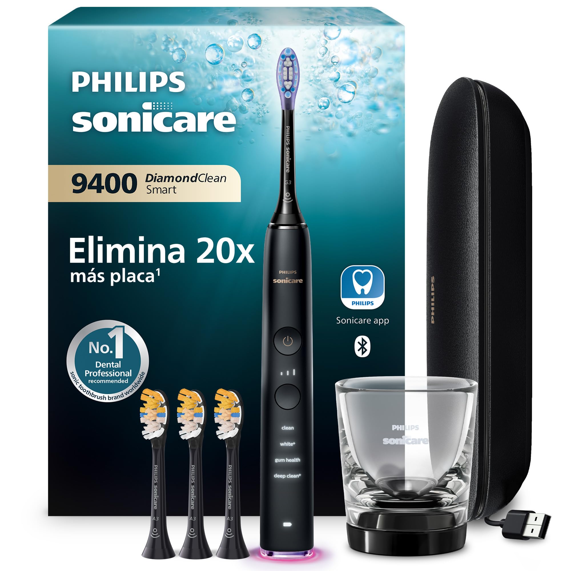 Philips Sonicare DiamondClean Smart 9400 cepillo dental eléctrico, sónico con aplicación, sensor de presión, 4 modos de cepillado y 3 niveles de intensidad, negro, modelo HX9918/89