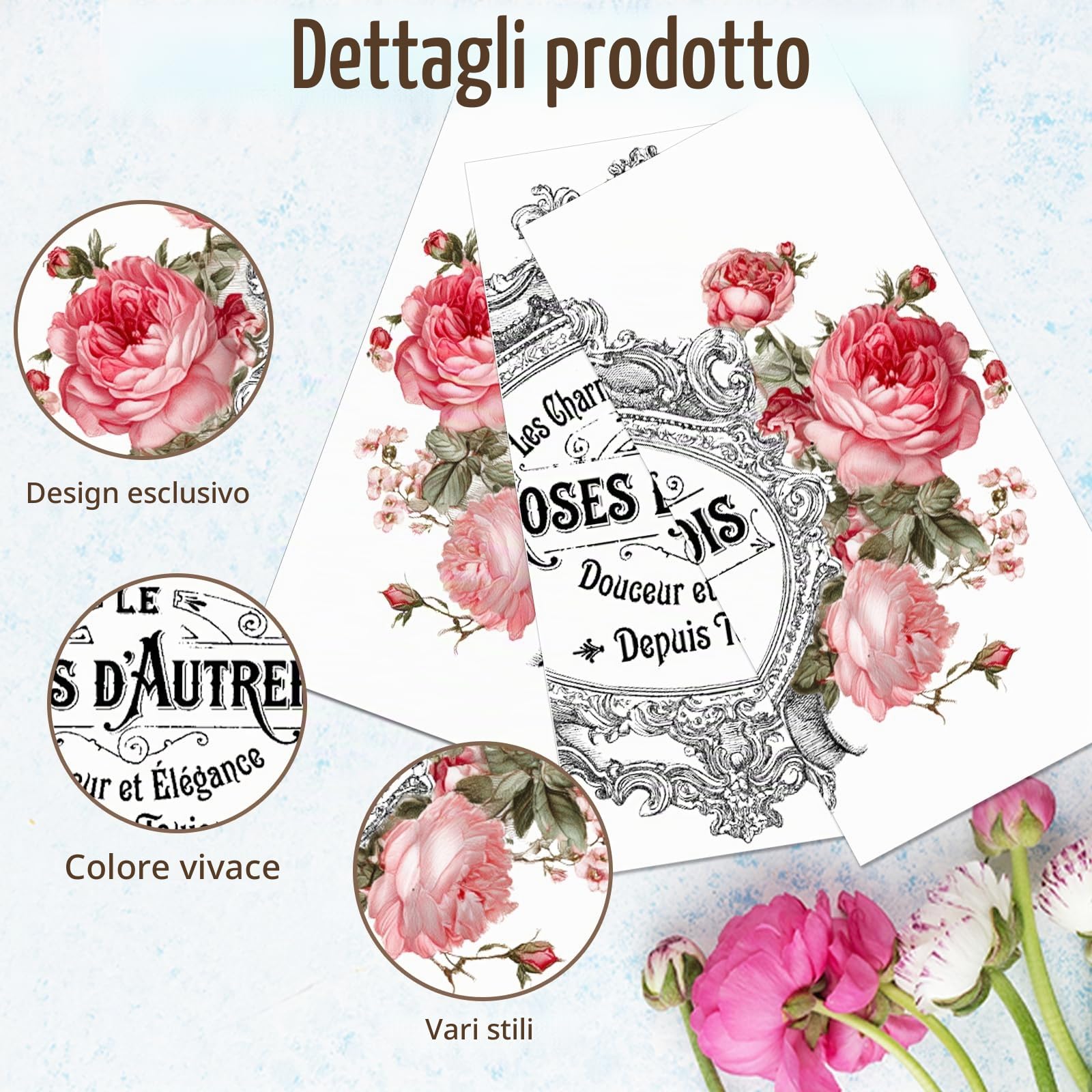 PLIGREAT 3 fogli di adesivi transfer vintage a forma di rosa per artigianato, impermeabili, stile francese, decalcomanie per mobili, album di ritagli, fai da te, legno, ceramica, carta