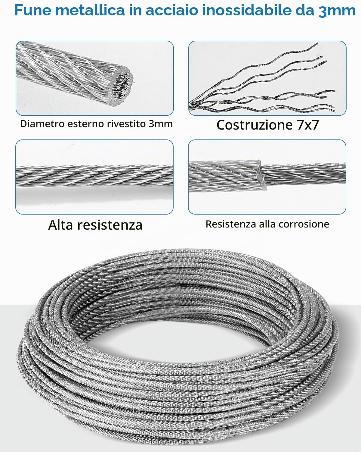 3mm 35m Cavo Acciaio, Fune in Filo Acciaio Inossidabile con Tenditori Tenditor, Cavo Corda in Acciaio Nylon per Arrampicata Delle Piante, Stendibiancheria, Recinzioni da Giardino, Lampadari da Esterno