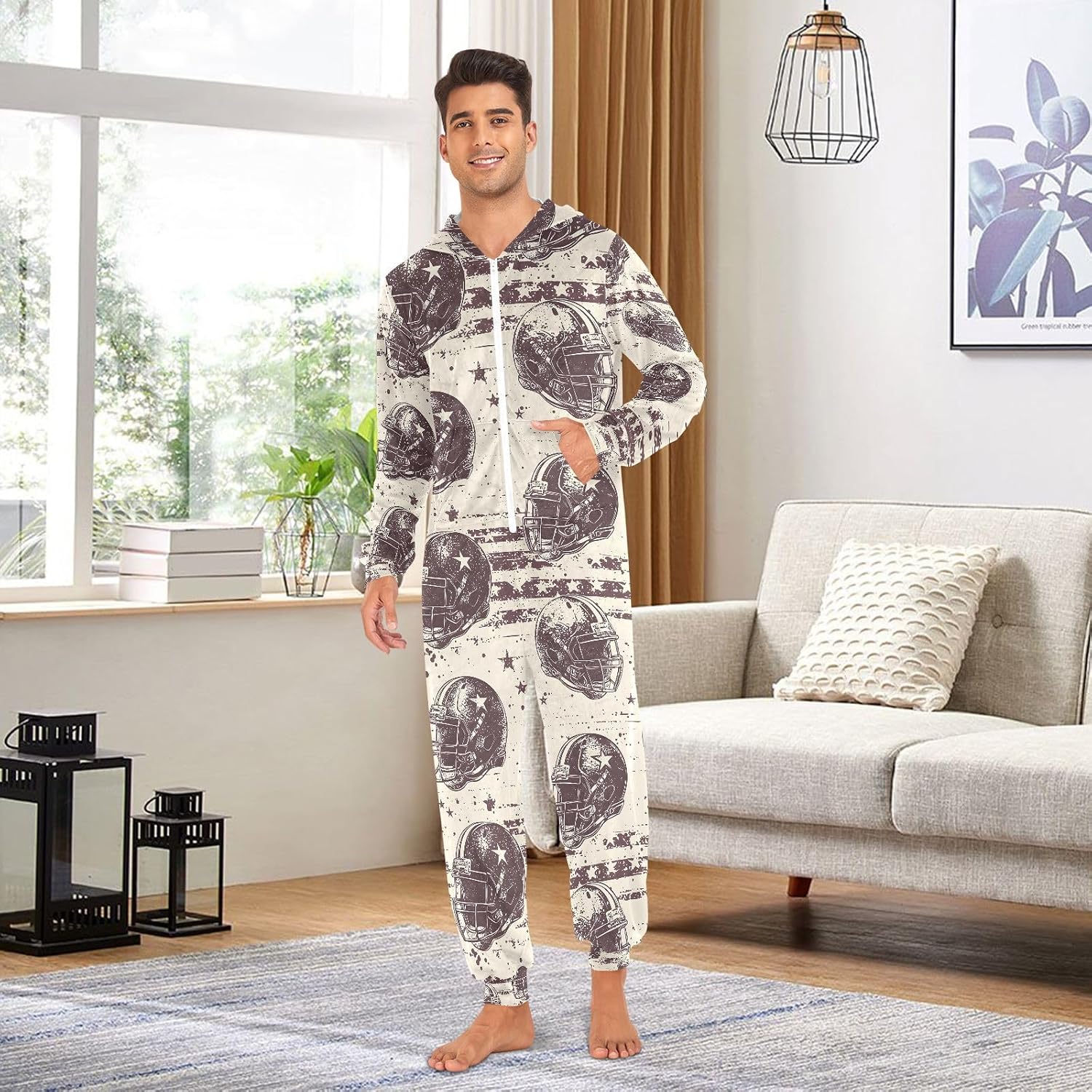 Rugby American Sports Ball Retro Adult Onesie Pajamas Novelty One Piece Costume Sleepwear Jumpsuits Matching PJS