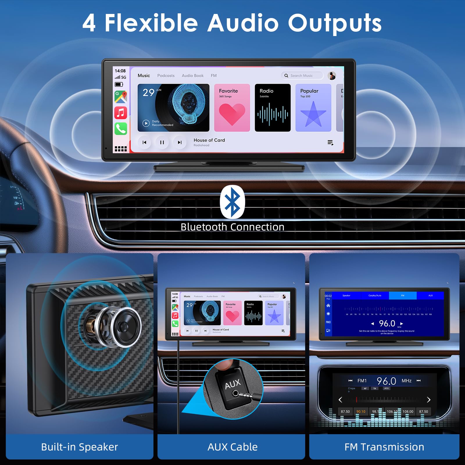 9,26 Calowy Przenośny Ekran z Bezprzewodowym CarPlay i Android Auto, Radio Samochodowe z 4K Dashcam Przednią I Tylną Kamerą 1080P HD/Bluetooth/FM/AUX/64G TF/Mirror Link/Voice Control/GPS