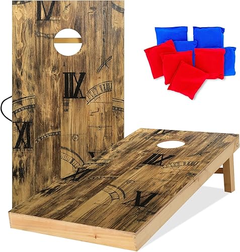 UKASE Juego de cornhole de madera maciza de tamaño reglamentario portátil, juego de lanzamiento de bolsas de frijoles con superficie impresa de