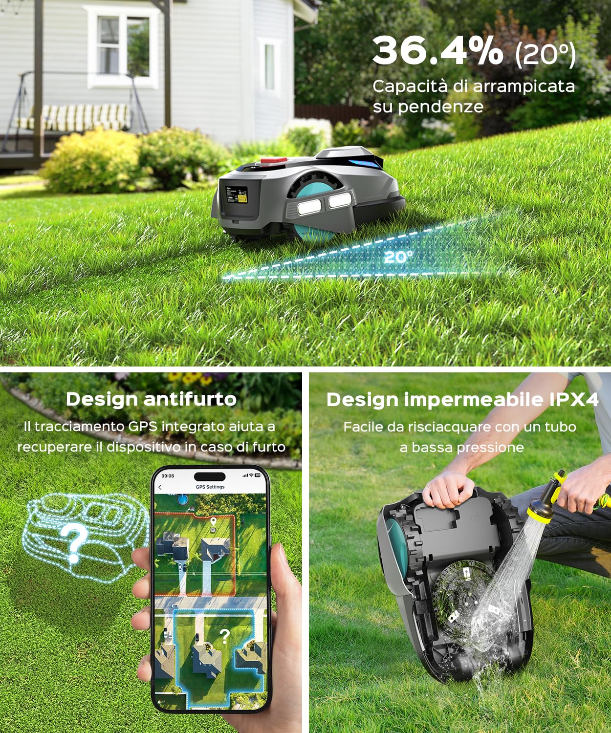 YARDCARE N1600PRO – Robot tagliaerba senza filo perimetrale con posizionamento RTK e visione, fino a 1600 m², navigazione precisa con mappatura intelligente, taglio strutturato e gestione aree