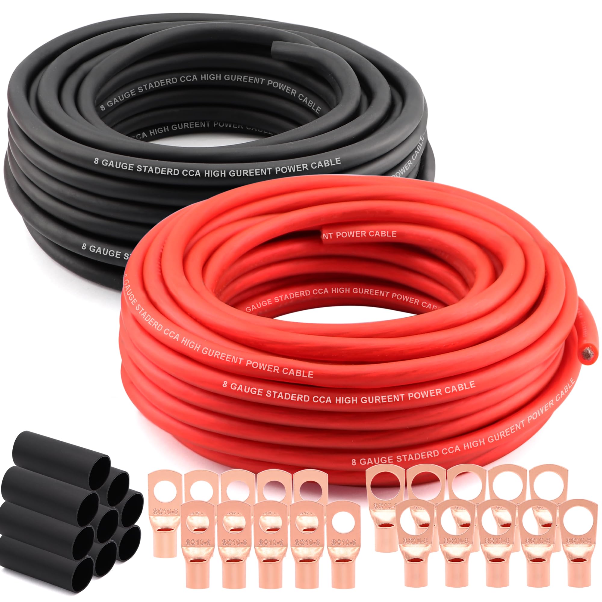 8 Gauge Wire (50ft Each - Red/Black) Copper Clad Aluminum CCA - Primary Automotive Wire,Car Amplifier Power & Ground Cable, 20PCS Lugs Terminal