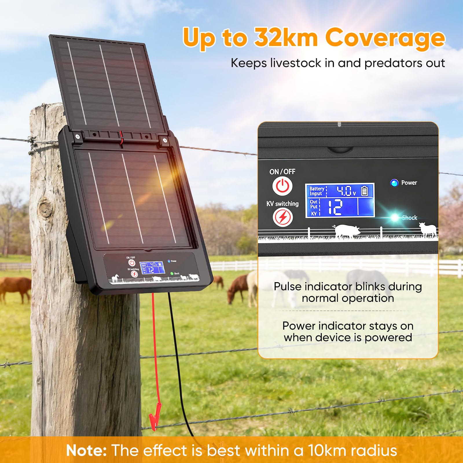 Kit de valla eléctrica con energía solar, 6-12 kV, voltaje ajustable, 0,3 – 2,0 J, batería de 18000 mAh, dos paneles solares de 10 W, alcance de 32 km, IP55 impermeable, para agricultura, jardín