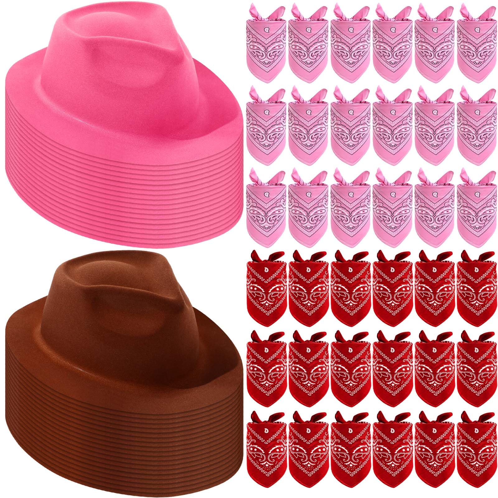 Hillban 72 Pcs Western Cowboy Hat and Paisley Bandana Set for Kids Felt Cowboy Party Hats for Costume Party Favors(Brown, Pink)