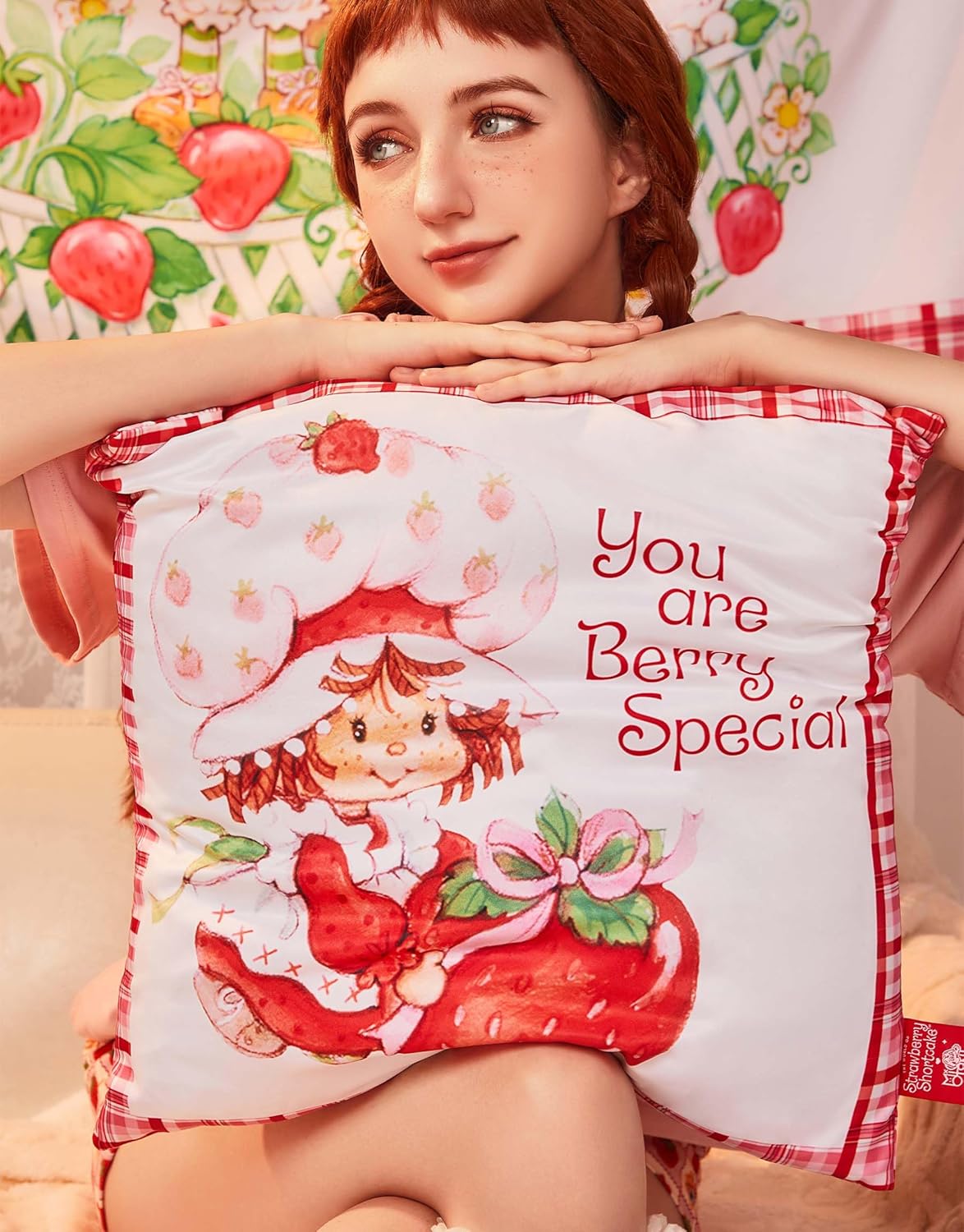 Strawberry Shortcake Throw Pillow Covers Cute Print Cozy Halloween Accessories, Pink