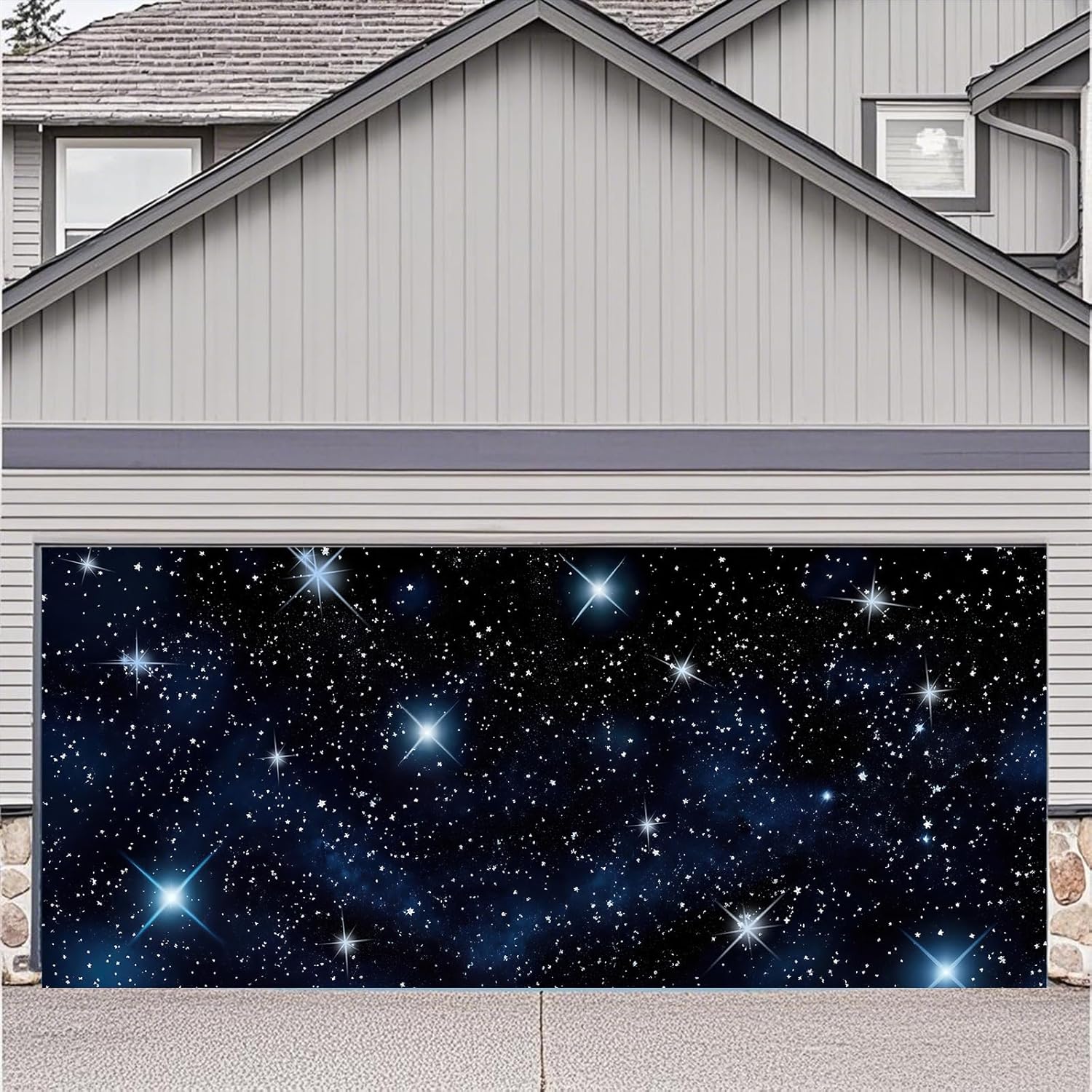 7X16ft Starry Night Sky Garage Door Decoration Background Cosmic Galaxy Outer Universe Space Theme Photography Backdrops Kids Children Birthday Banner Decor Baby Shower Banner Cover