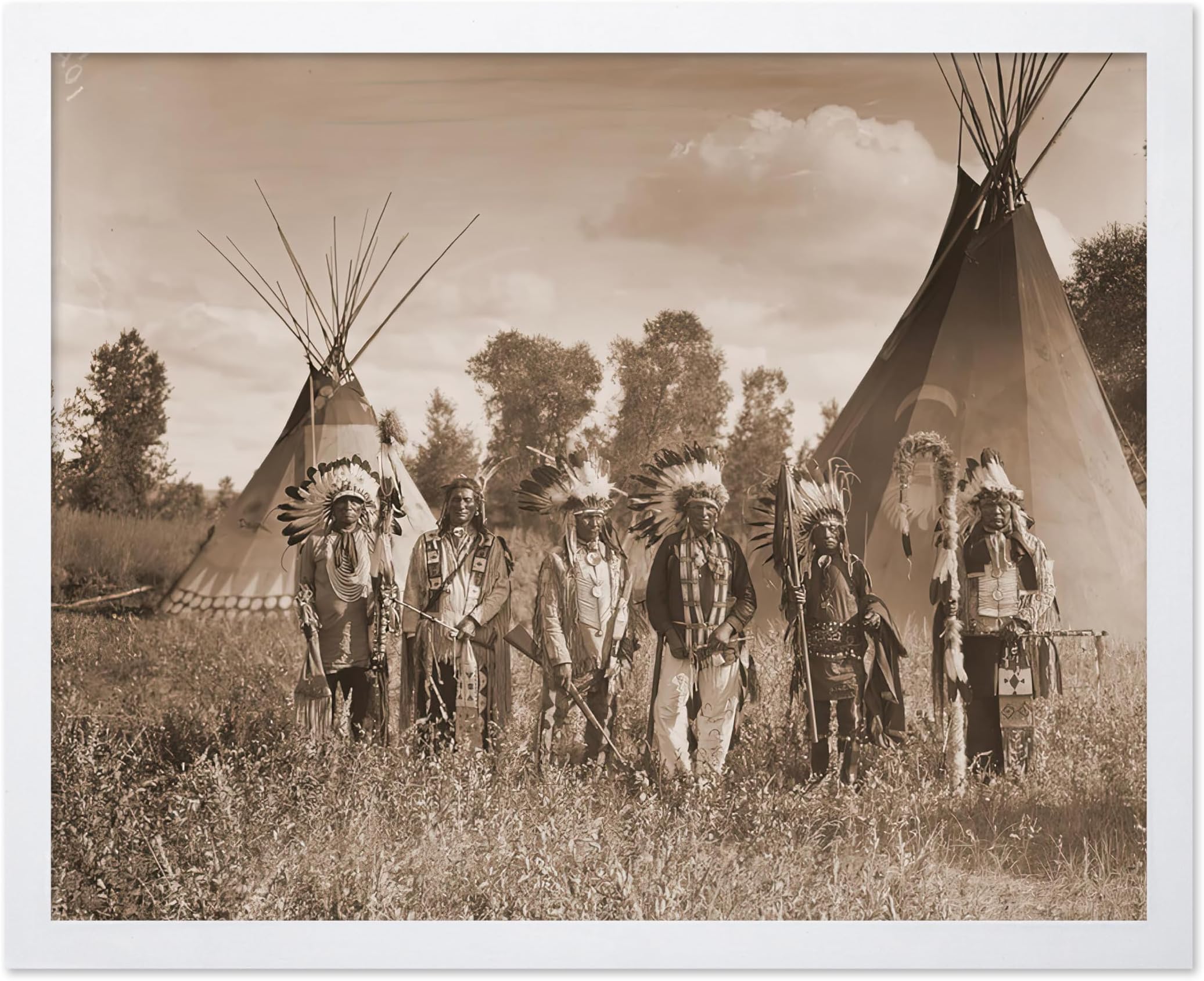 Poster Master Vintage Native American Poster - Retro Crow Creek Warrior Print - Crow Reservation Art - Indian Tribe Art - Gift for Men, Women - Decor for Bedroom, Living Room, 8x10 White Framed