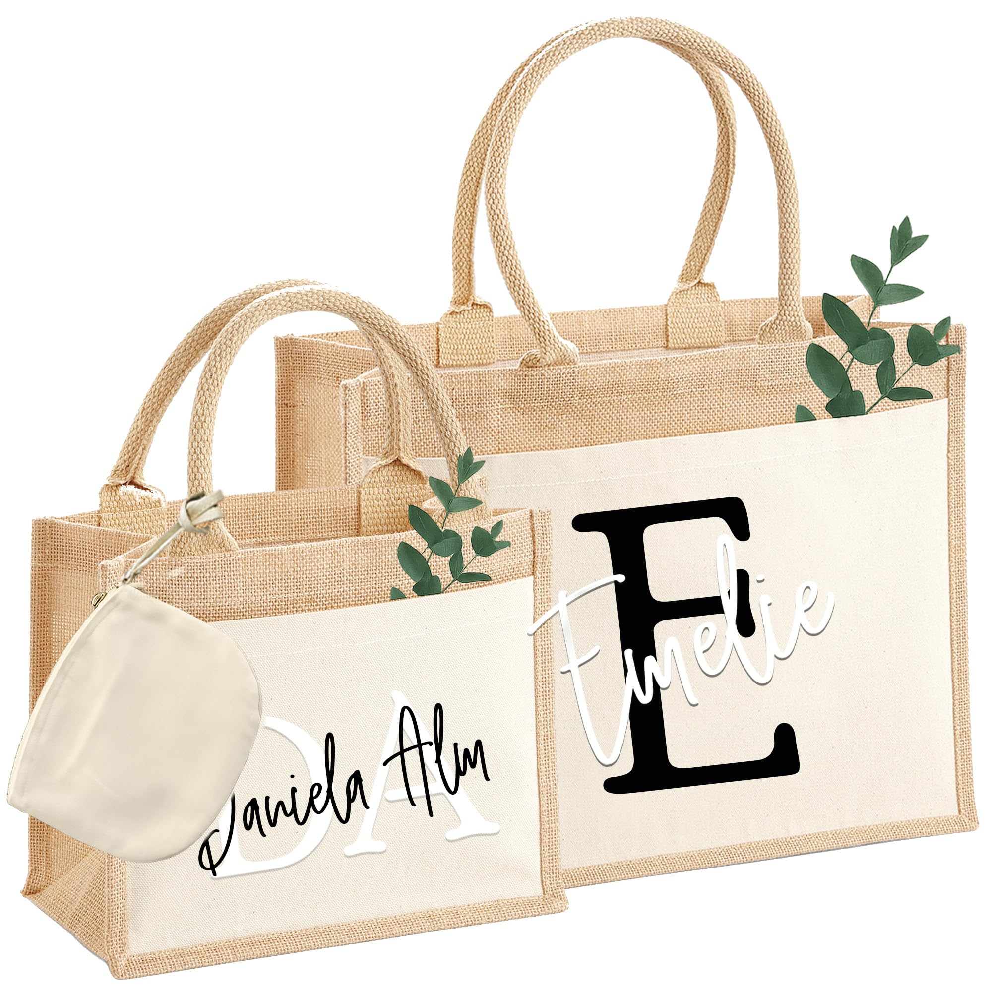 AMBERGER DESIGN Personalisierte Jutetasche Namen & Initial – Individuelle Geschenk-Tasche Baumwolle & Jute in 3 Größen – Gratis Kosmetiktasche