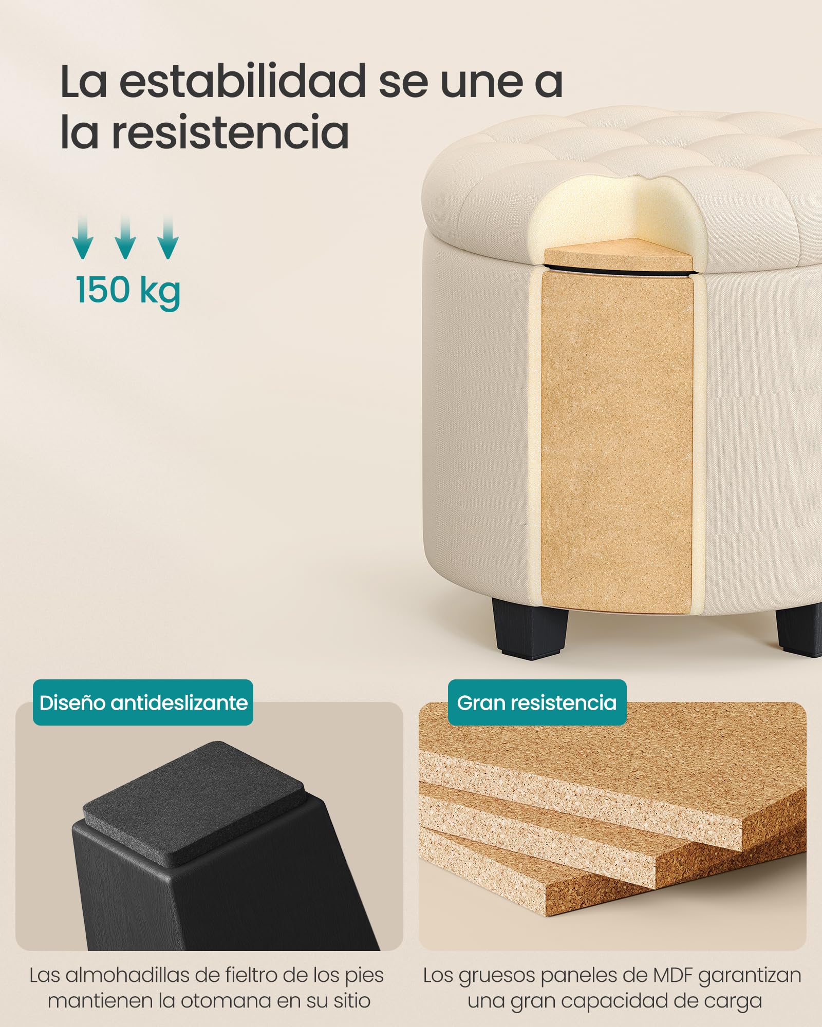 SONGMICS Puff Almacenahe, Banco de Almacenamiento, 45 x 45 x 44,5 cm, Reposapiés con Patas, Tejido con Aspecto de Lino, Carga hasta 150 kg, para Salón, Dormitorio, Beige Claro LOM011W01